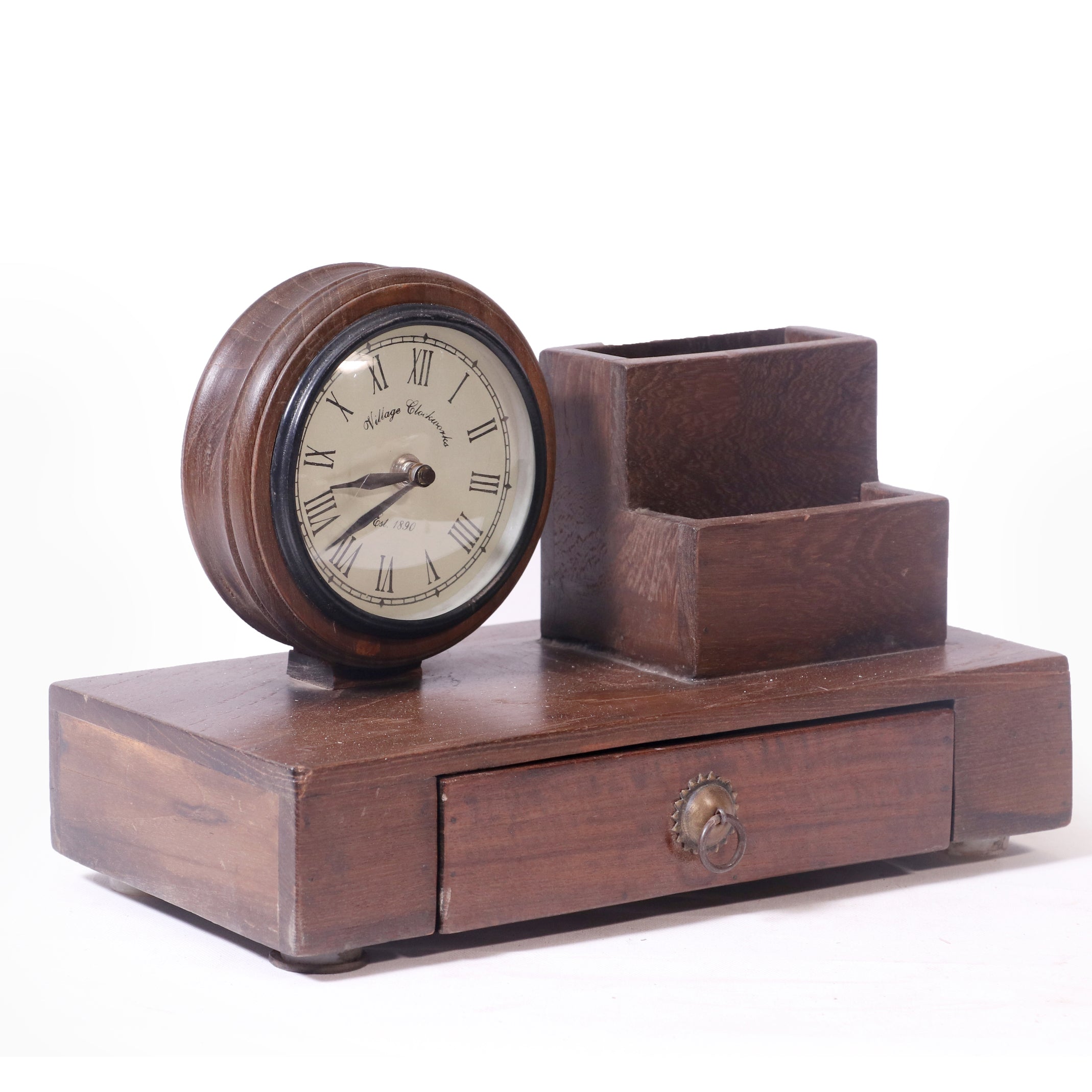 Teak wood Organiser with Clock Desk Organizer