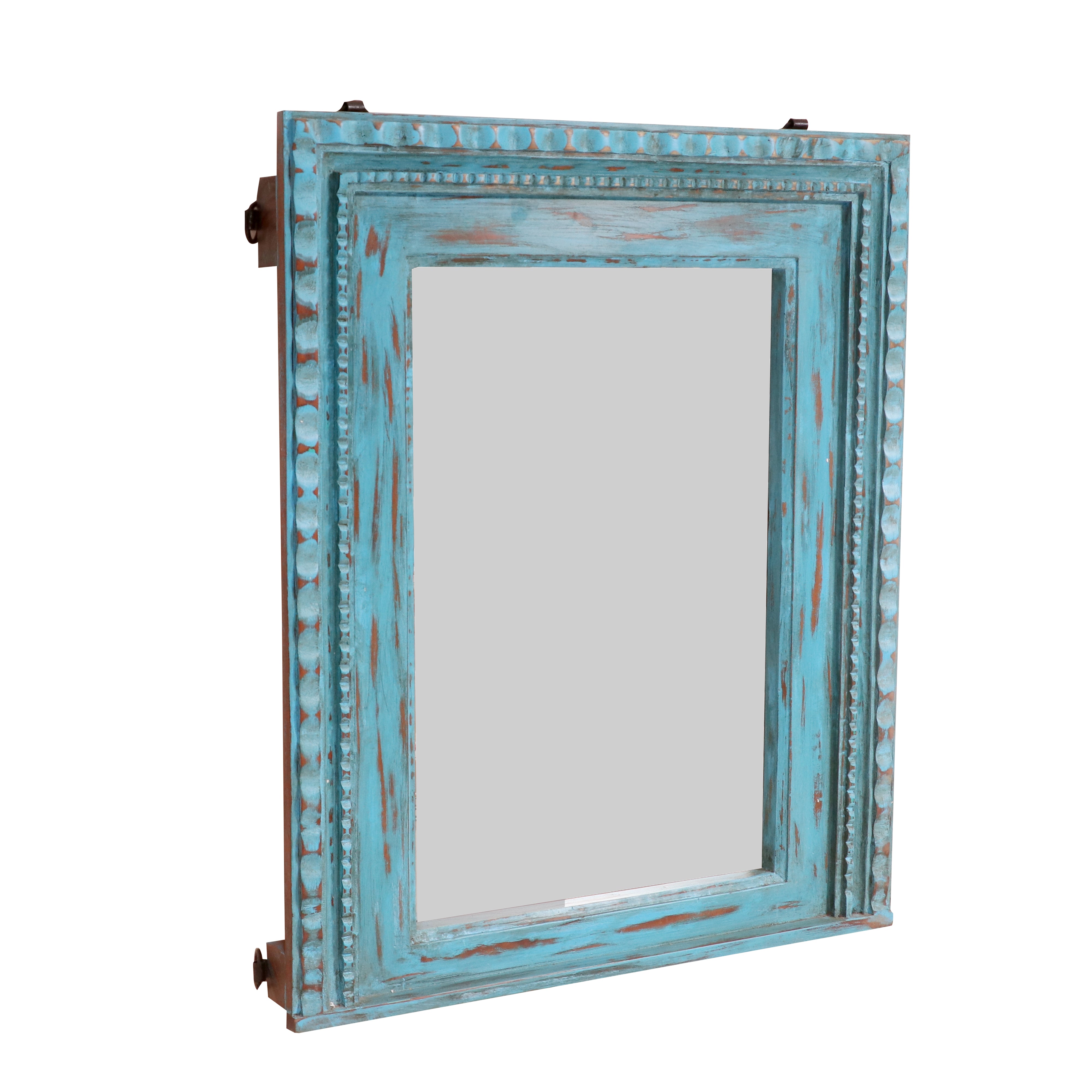 Blue folk beads traditional hand carved solid wooden mirror Mirror
