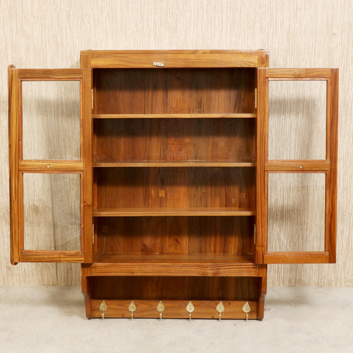 24 x 7 x 36 Inch Glass and Teak Wooden Wall Cabinet Wall Cabinet