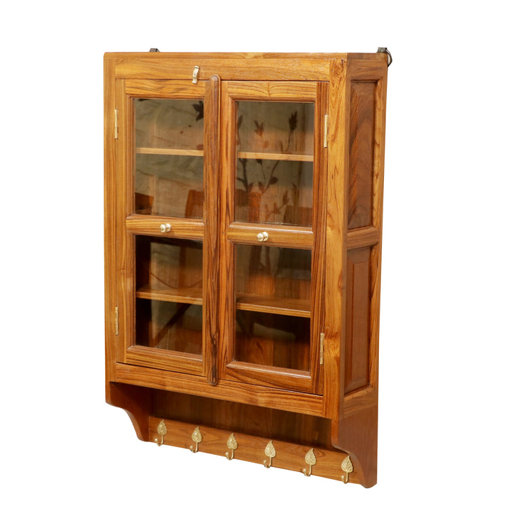 24 x 7 x 36 Inch Glass and Teak Wooden Wall Cabinet Wall Cabinet