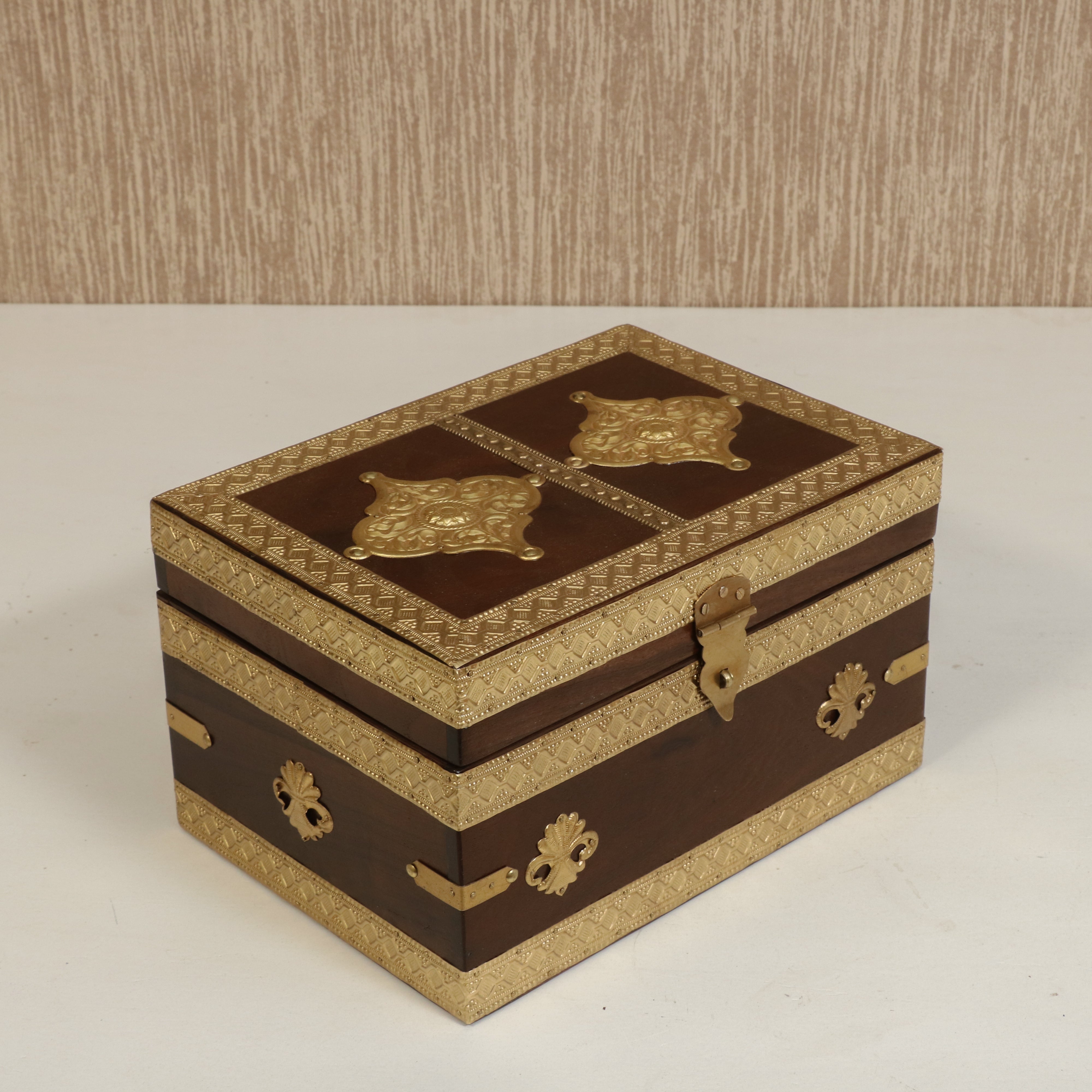 Antique Golden Brass Fitted Wooden Handmade Jewellery Box Wooden Box