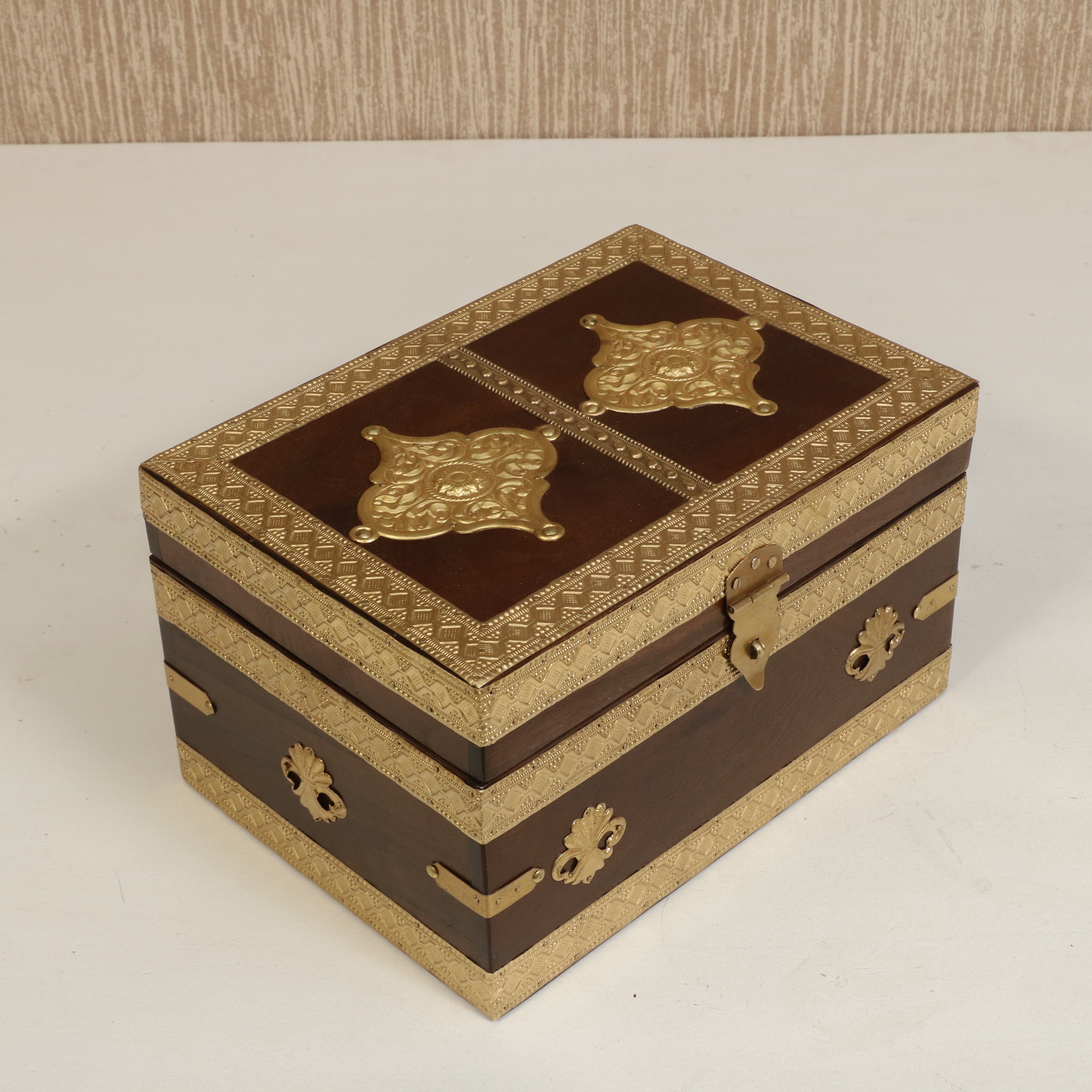 Antique Golden Brass Fitted Wooden Handmade Jewellery Box Wooden Box