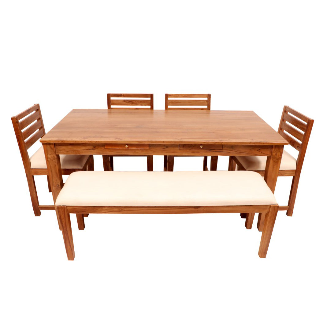 6 Seater Teak wood dining table with 4 chair & 1 Bench Dining Set