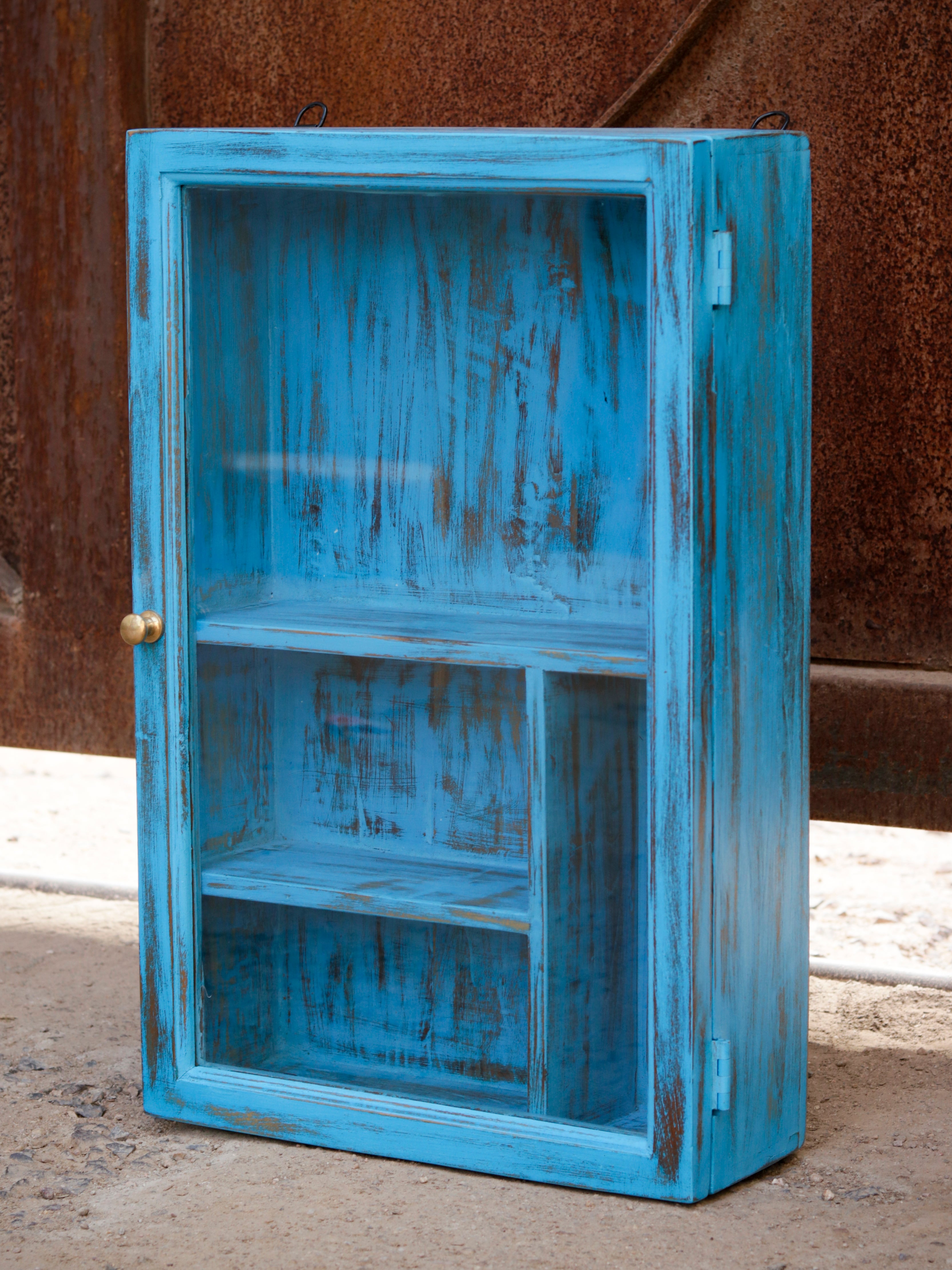 Traditional Blue Distressed Finished Wooden Handmade Wall Cabinet Wall Cabinet