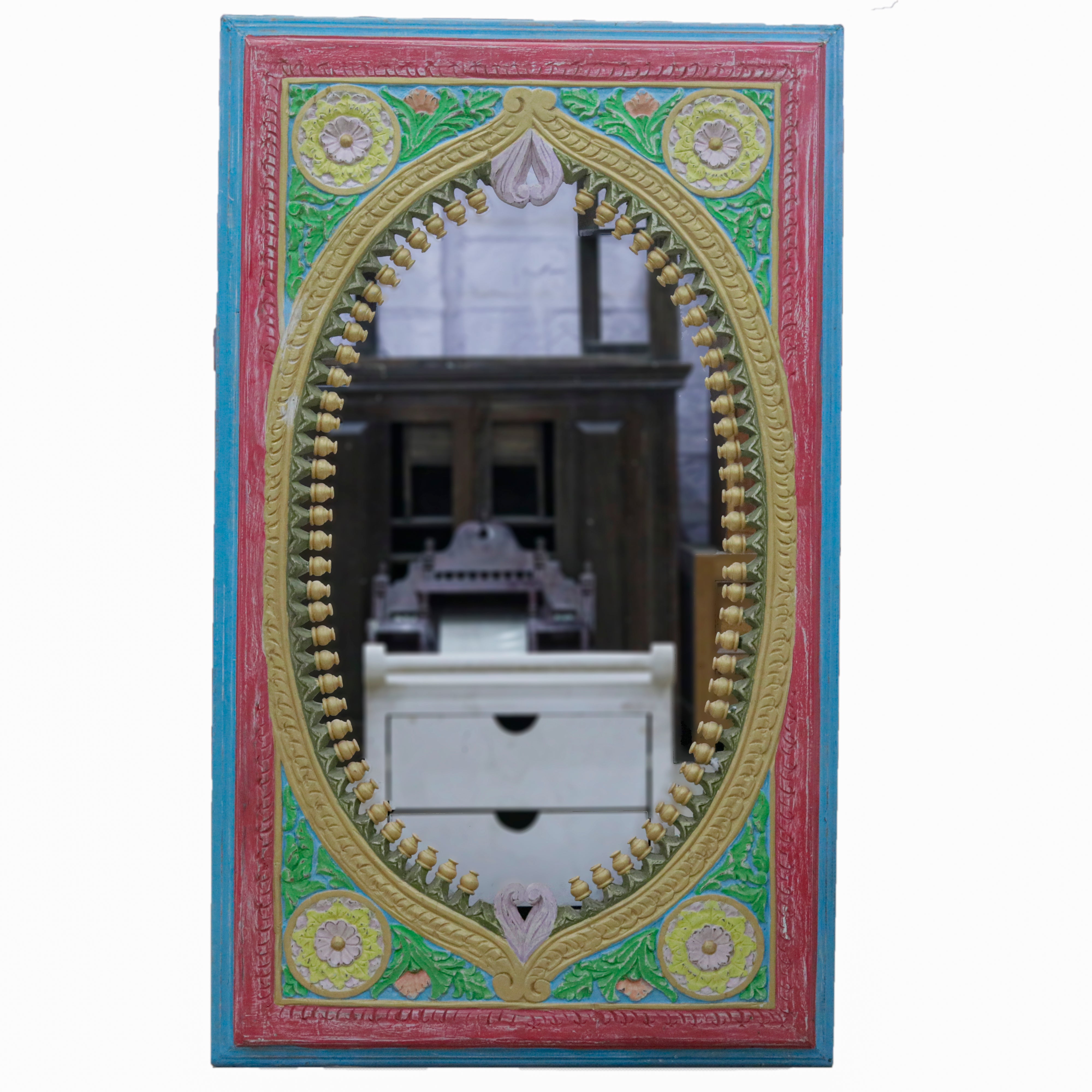 Classic Heritage Border with Flower Panel Carved Handmade Wooden Mirror Mirror