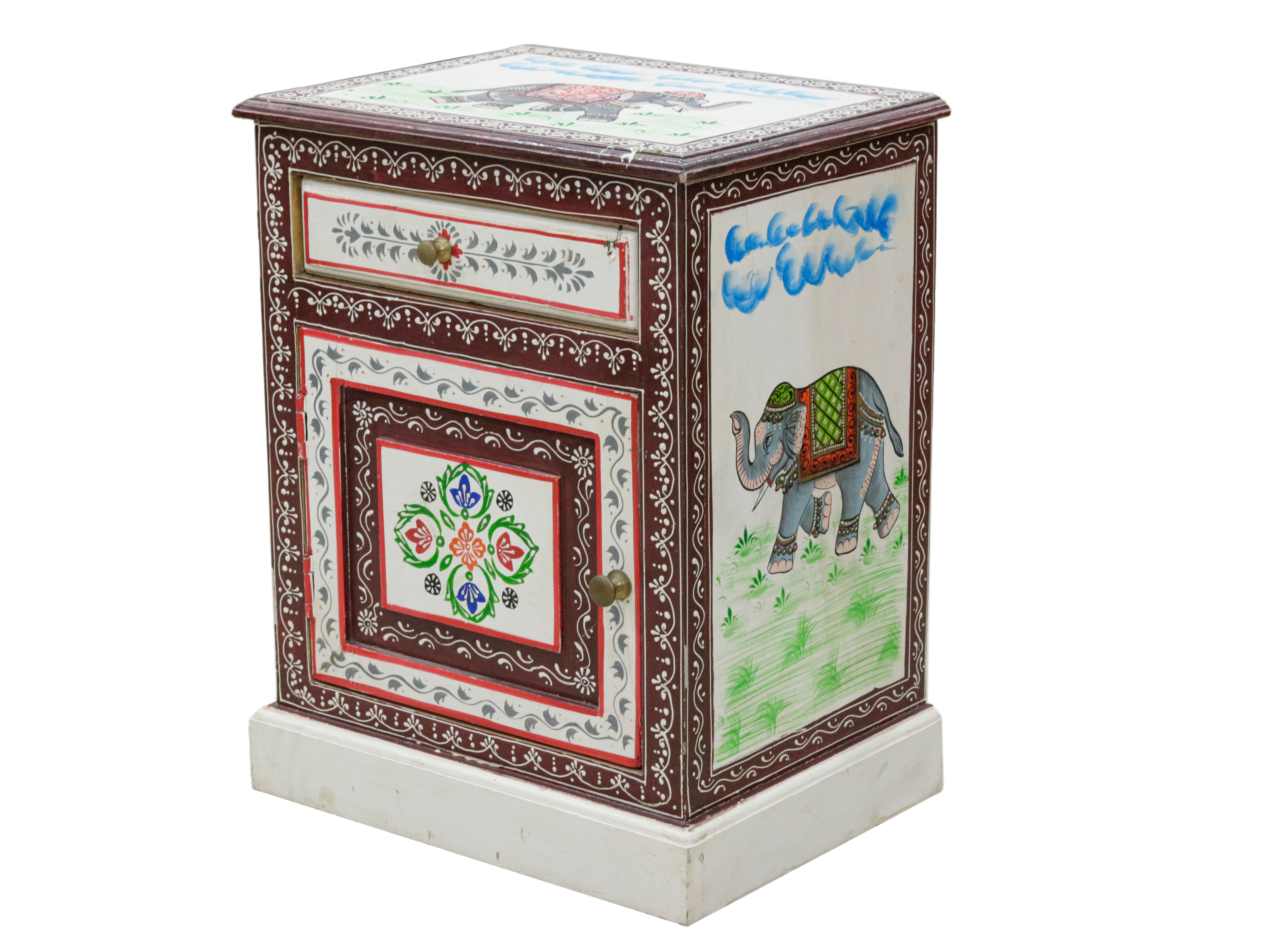 Ethnic Heritage Painted Wooden Handmade Bedside with Storage Bedside