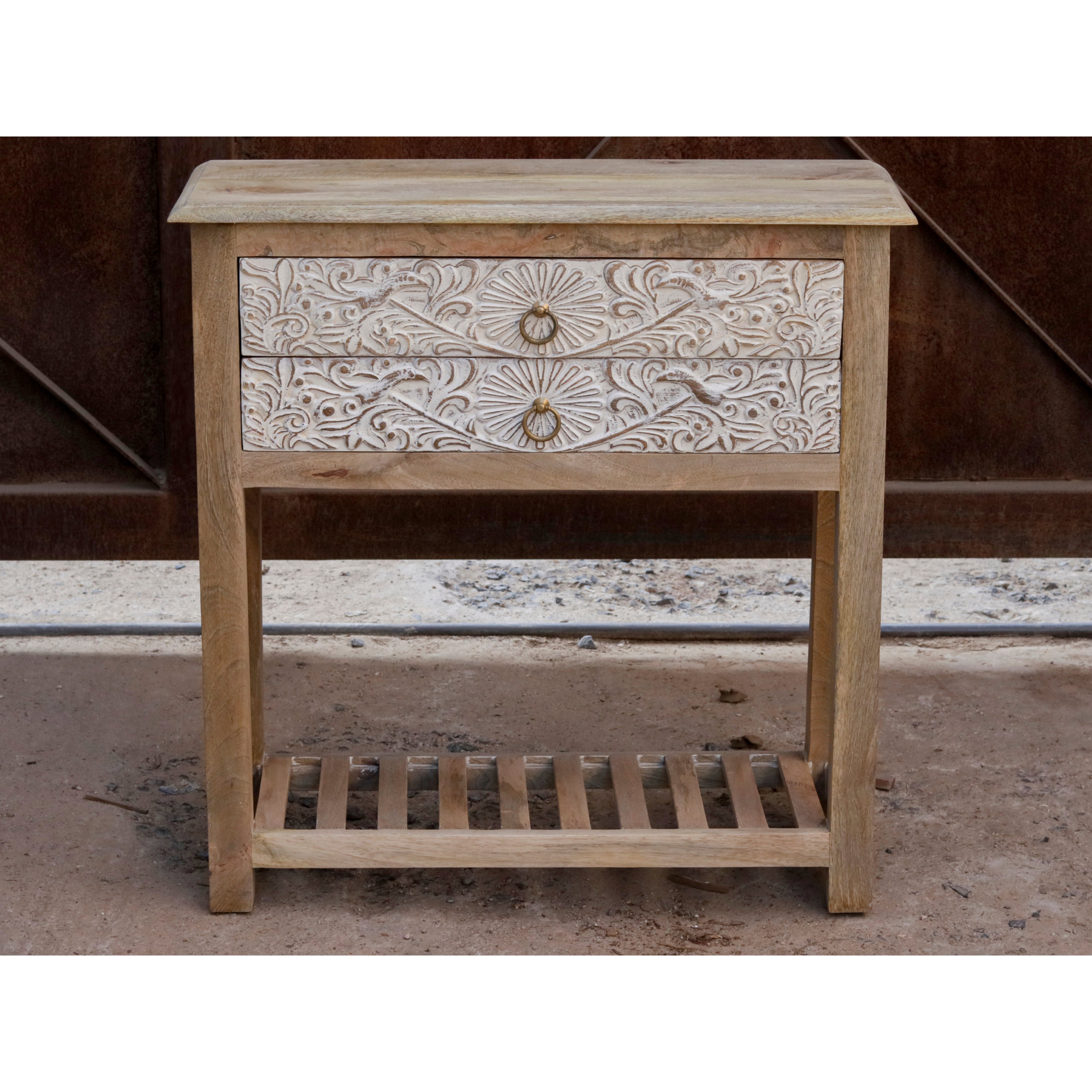 White Distressed Carved Double Drawer Wooden Handmade Drawer's Chest Drawer's Chest