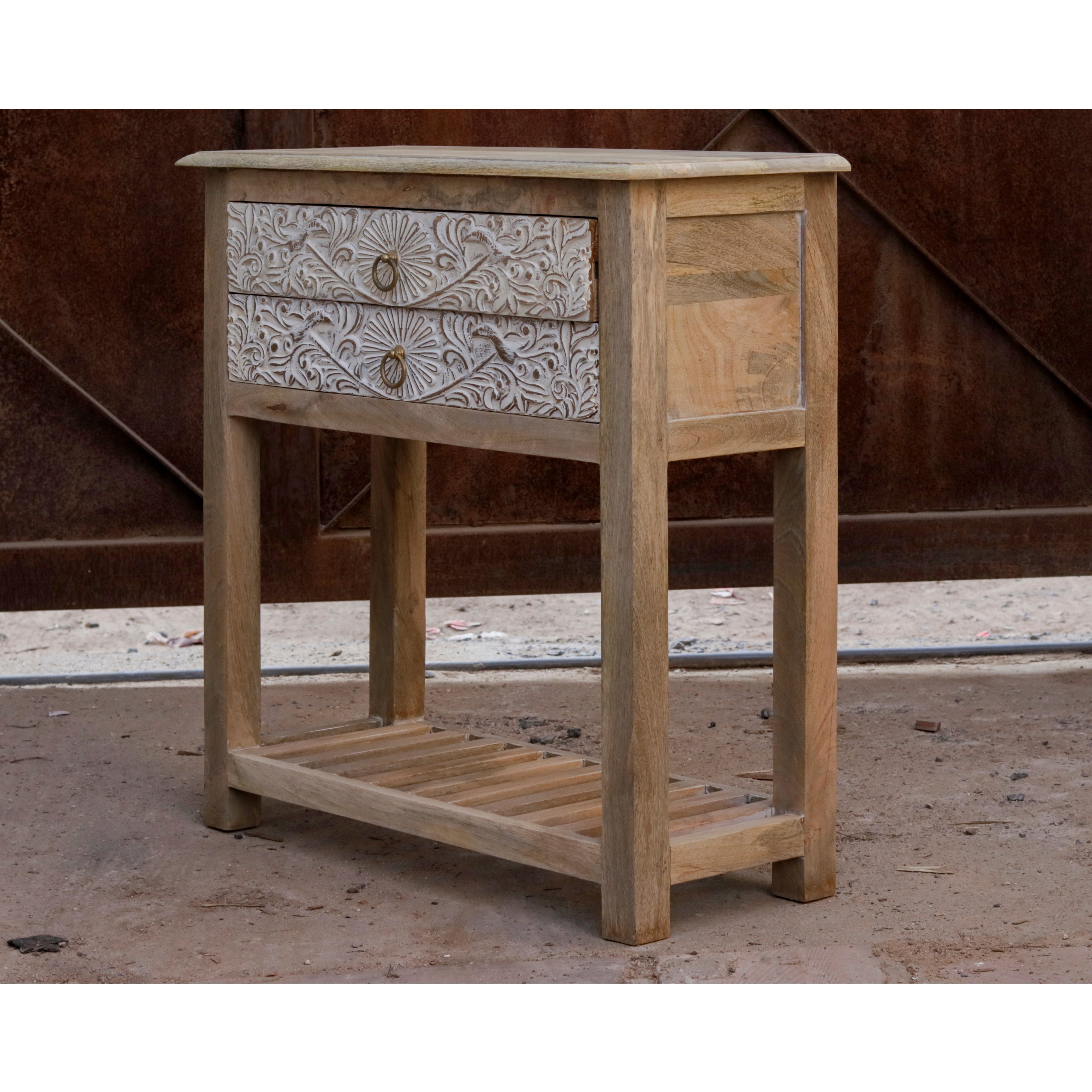 White Distressed Carved Double Drawer Wooden Handmade Drawer's Chest Drawer's Chest