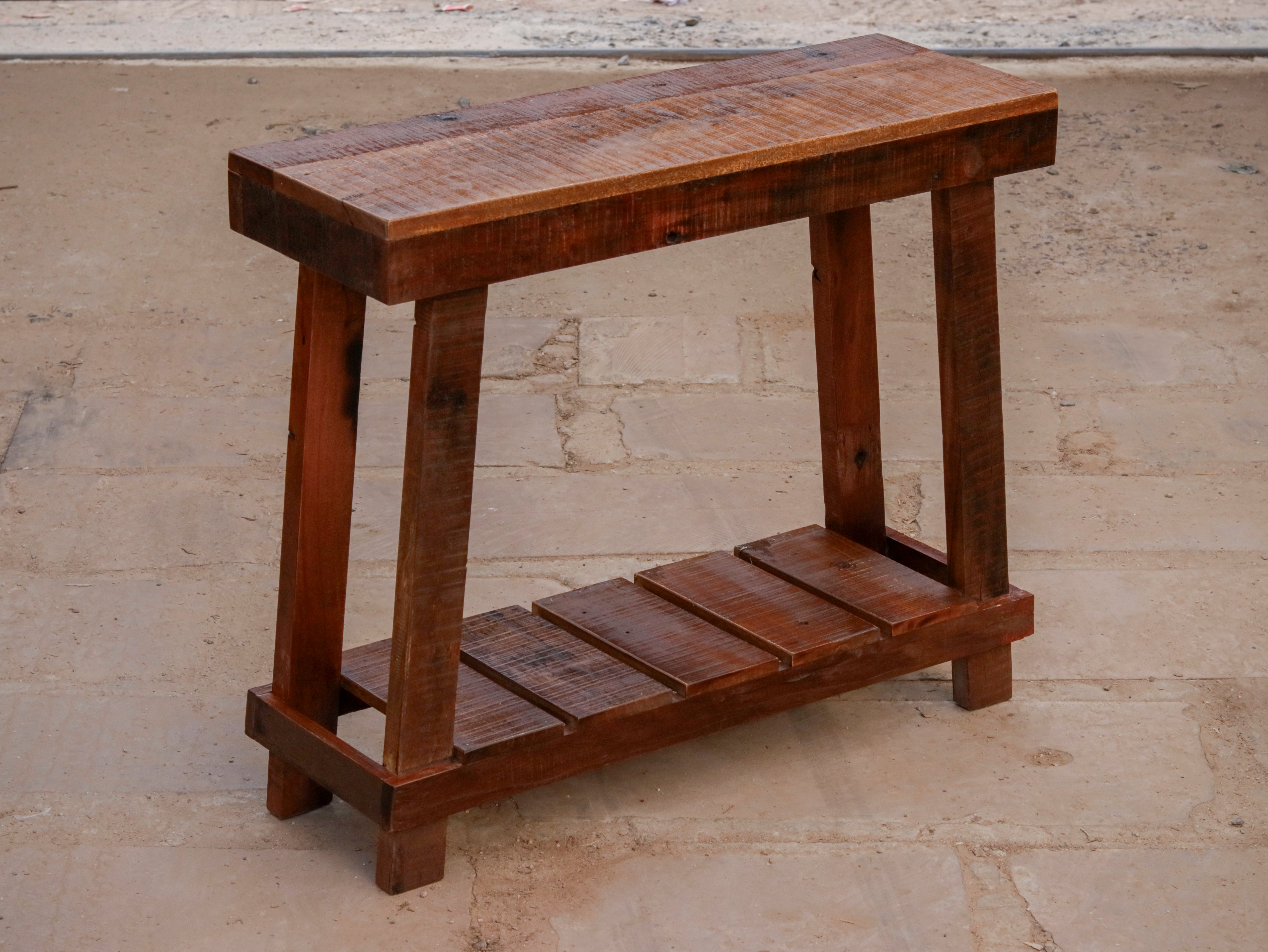 Old Natural Brown Italian Style Handmade Wooden Console Table with Bottom Storage