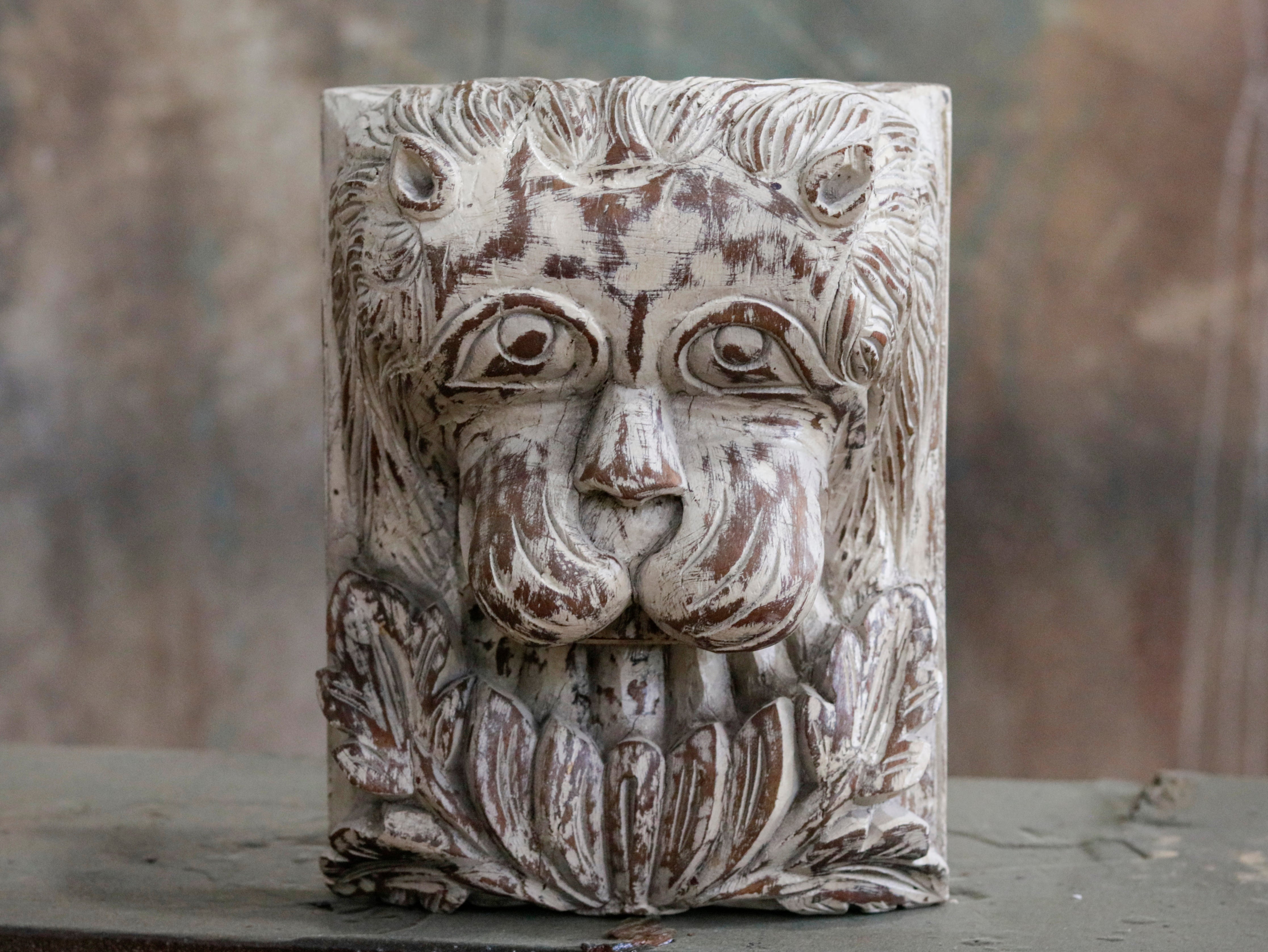 Old White Distressed Lion Carved Face Wooden Handmade Wall Decor Wall Decor