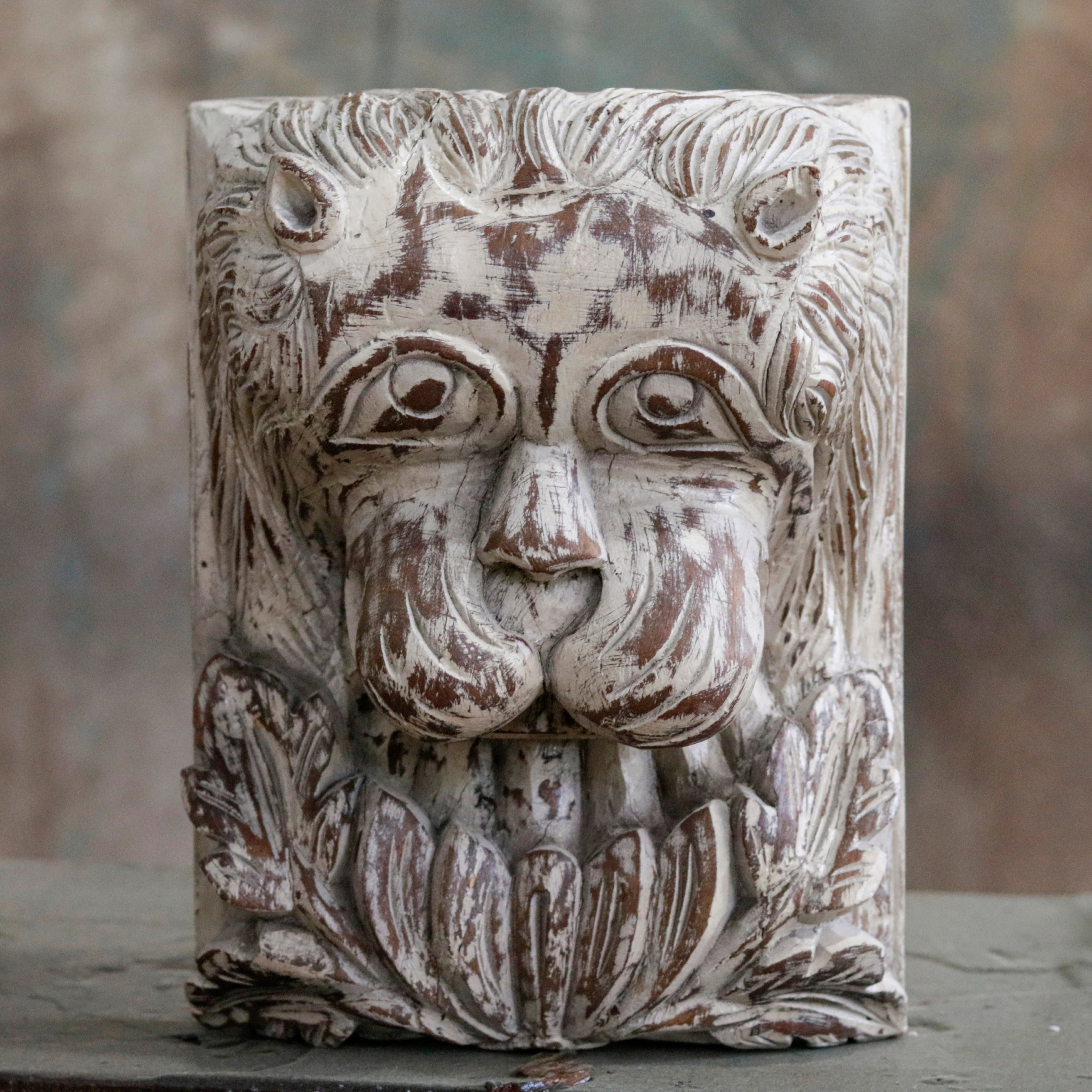 Old White Distressed Lion Carved Face Wooden Handmade Wall Decor Wall Decor