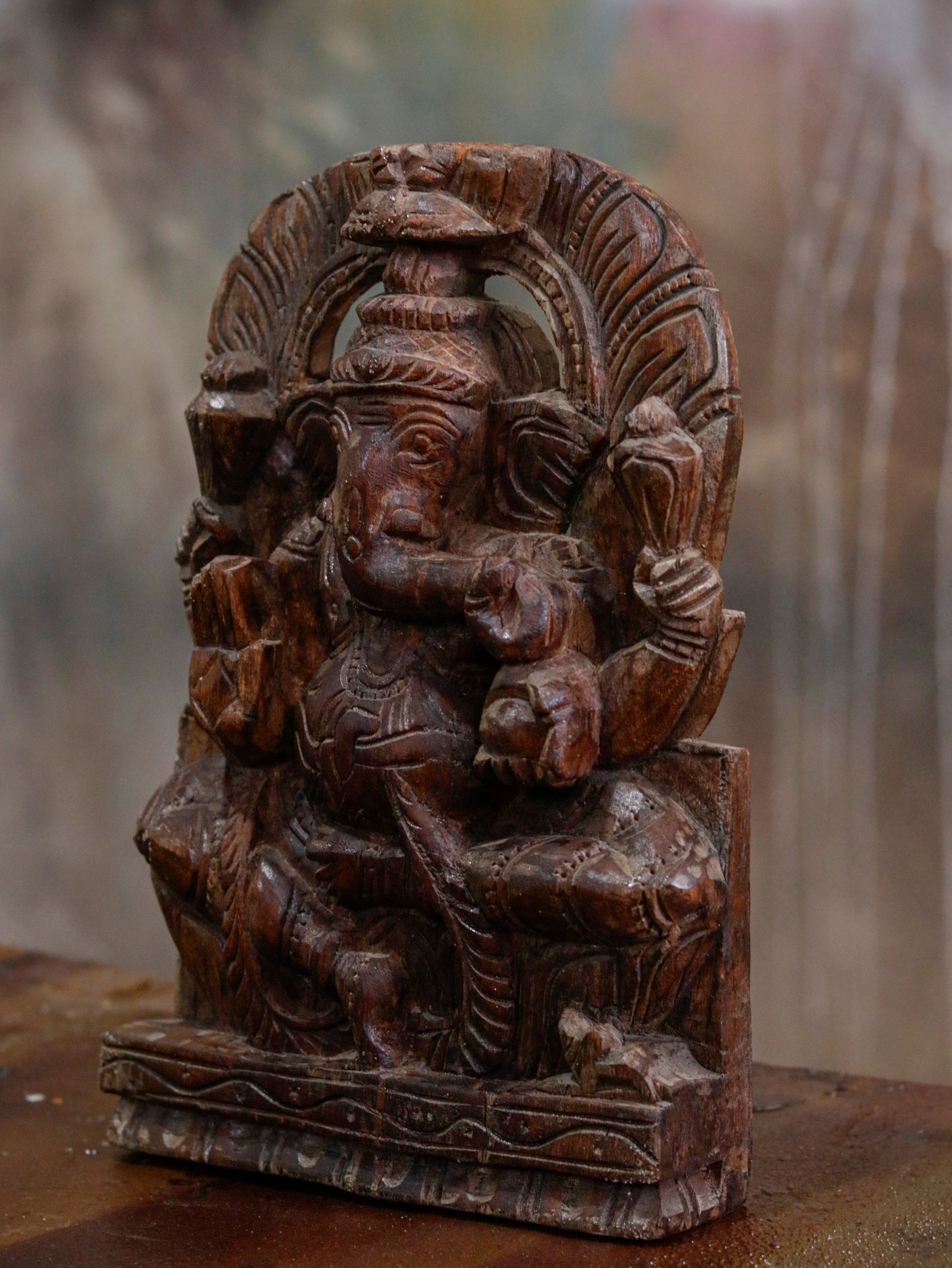 Engraved Lord Ganesh Handmade Carved Wooden Wall Decor Traditional Décor