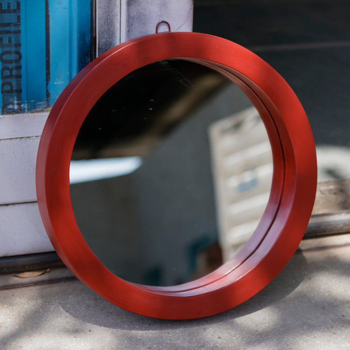 Traditional Simple Red Round Shaped Wooden Handmade Wall Mirror Mirror