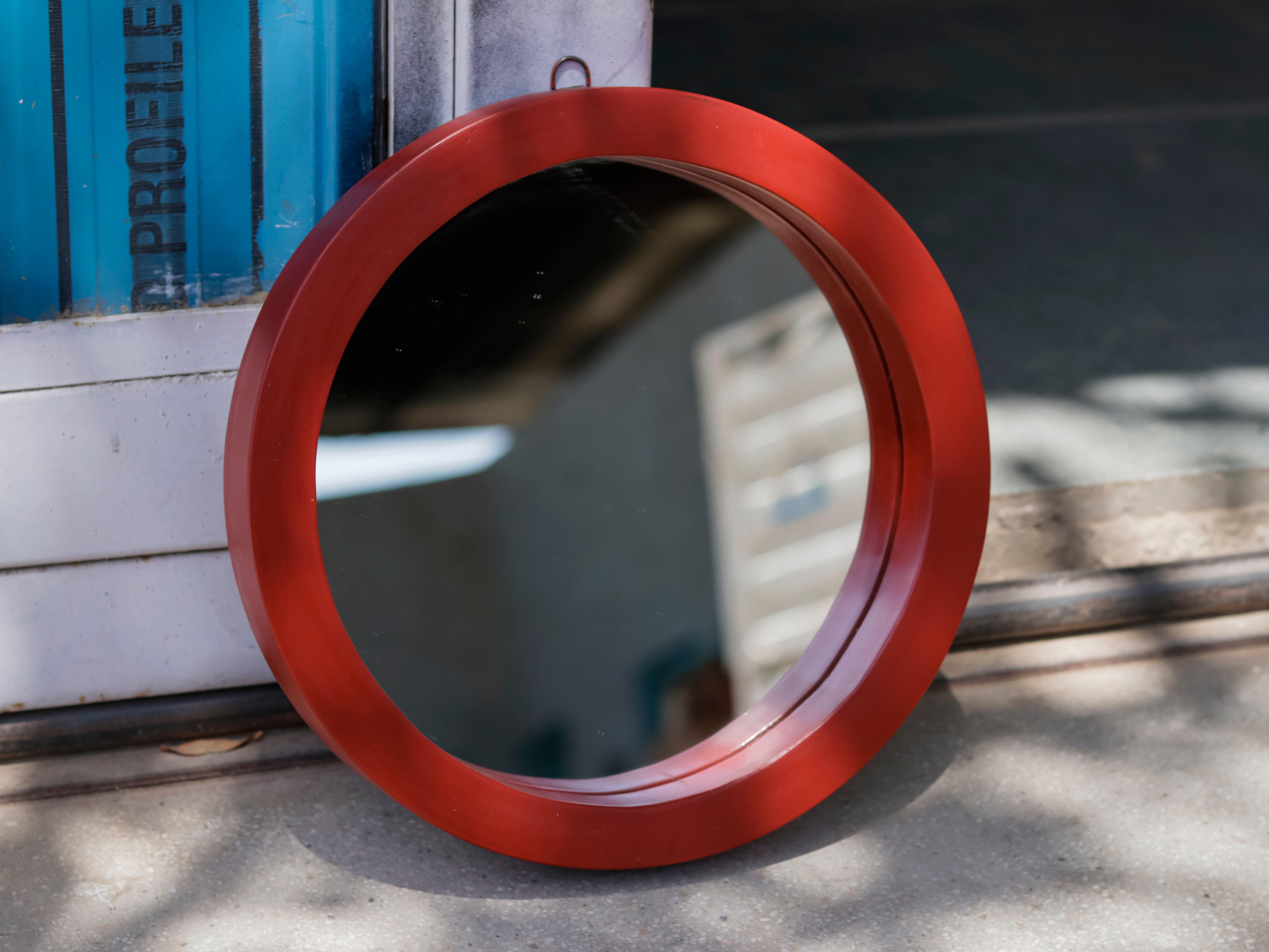 Traditional Simple Red Round Shaped Wooden Handmade Wall Mirror Mirror