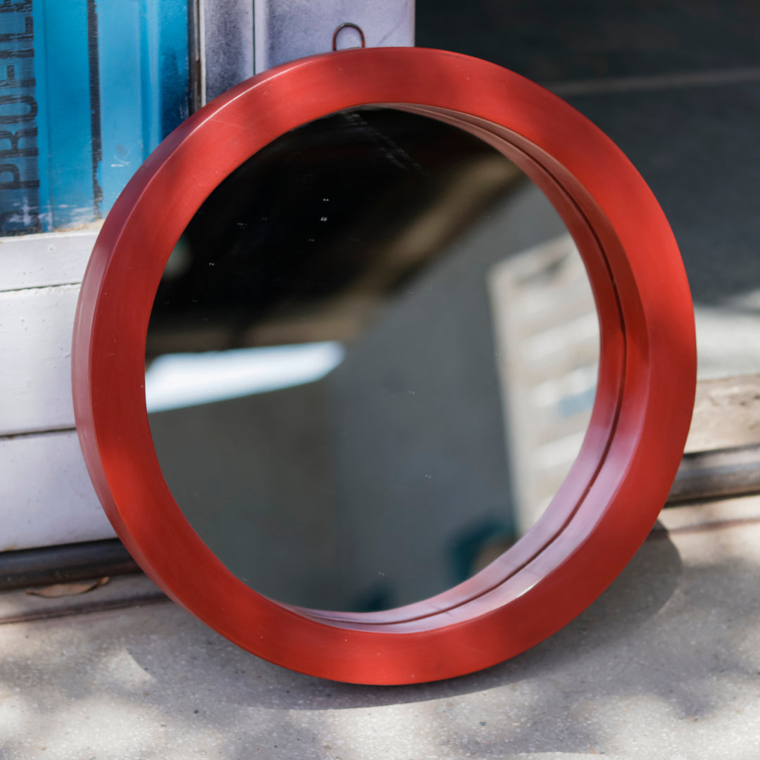 Traditional Simple Red Round Shaped Wooden Handmade Wall Mirror Mirror