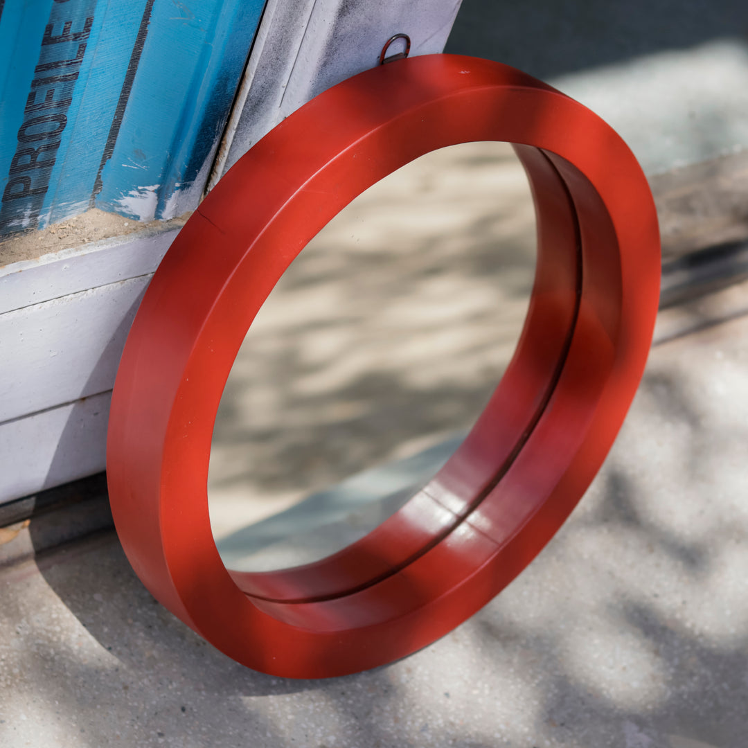 Traditional Simple Red Round Shaped Wooden Handmade Wall Mirror Mirror