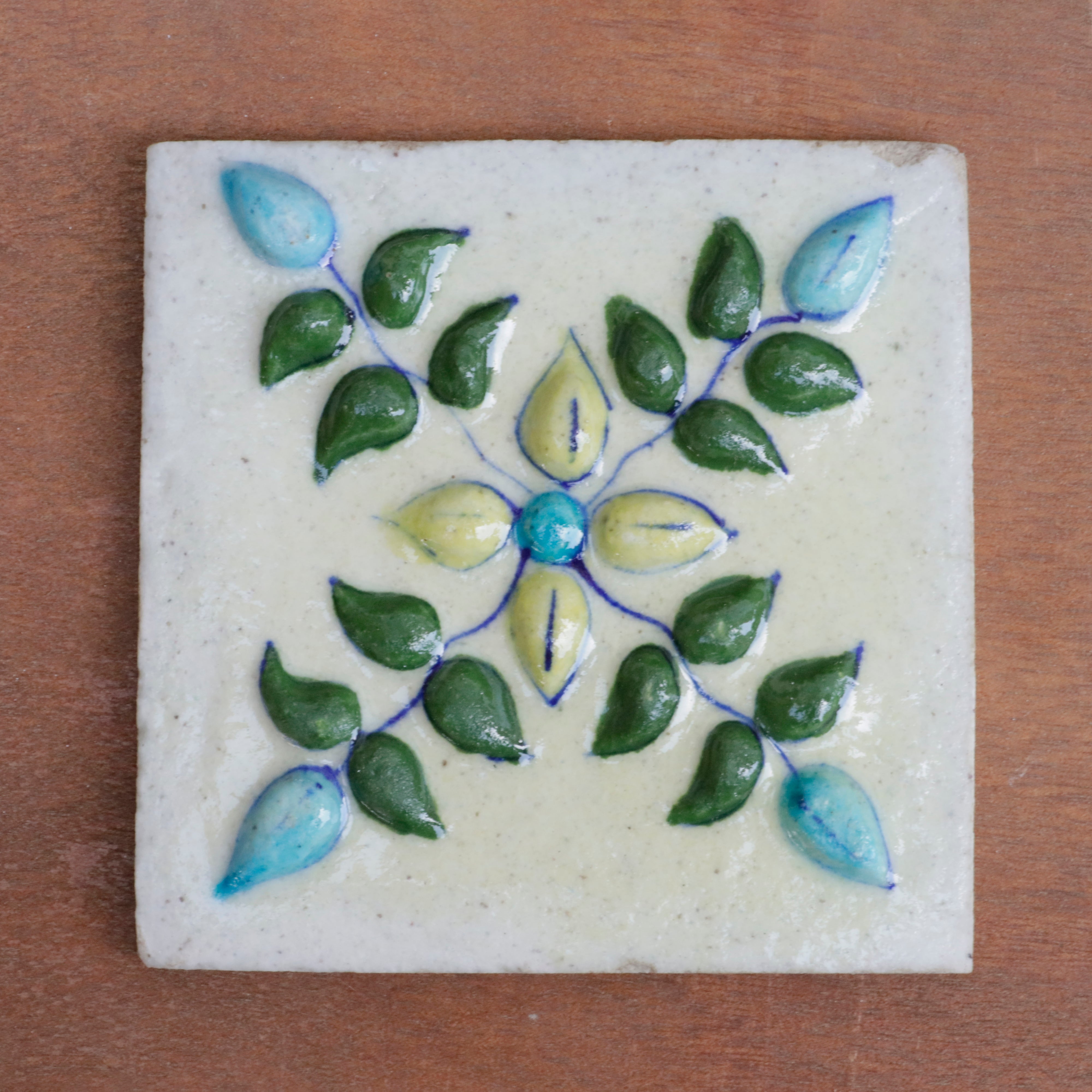 Montage Antique Embossed Flower Designed Ceramic Squre Tile Set of 2