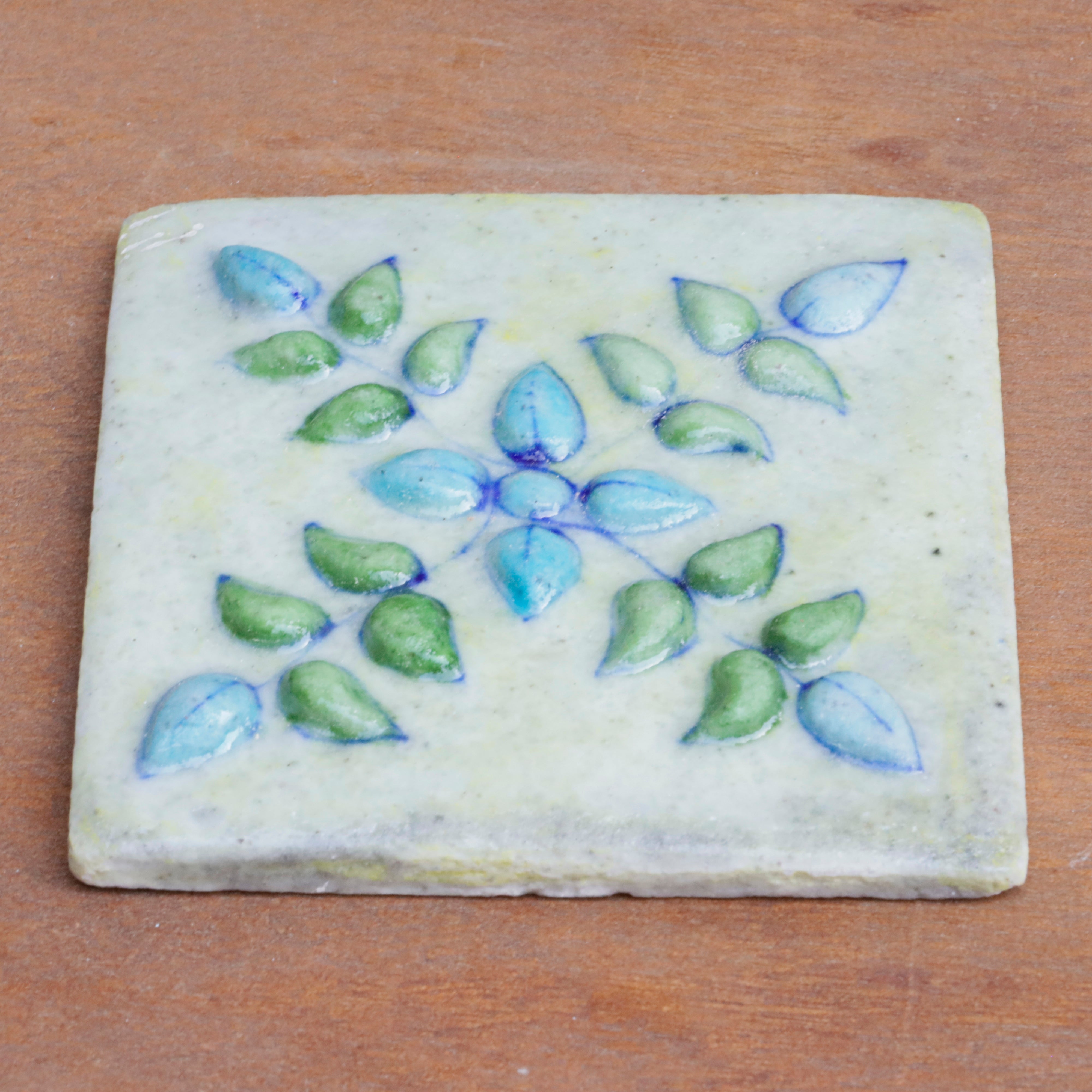 Traditional Flora Embossed Flower Designed Ceramic Square Tile Set of 2 Ceramic Tile