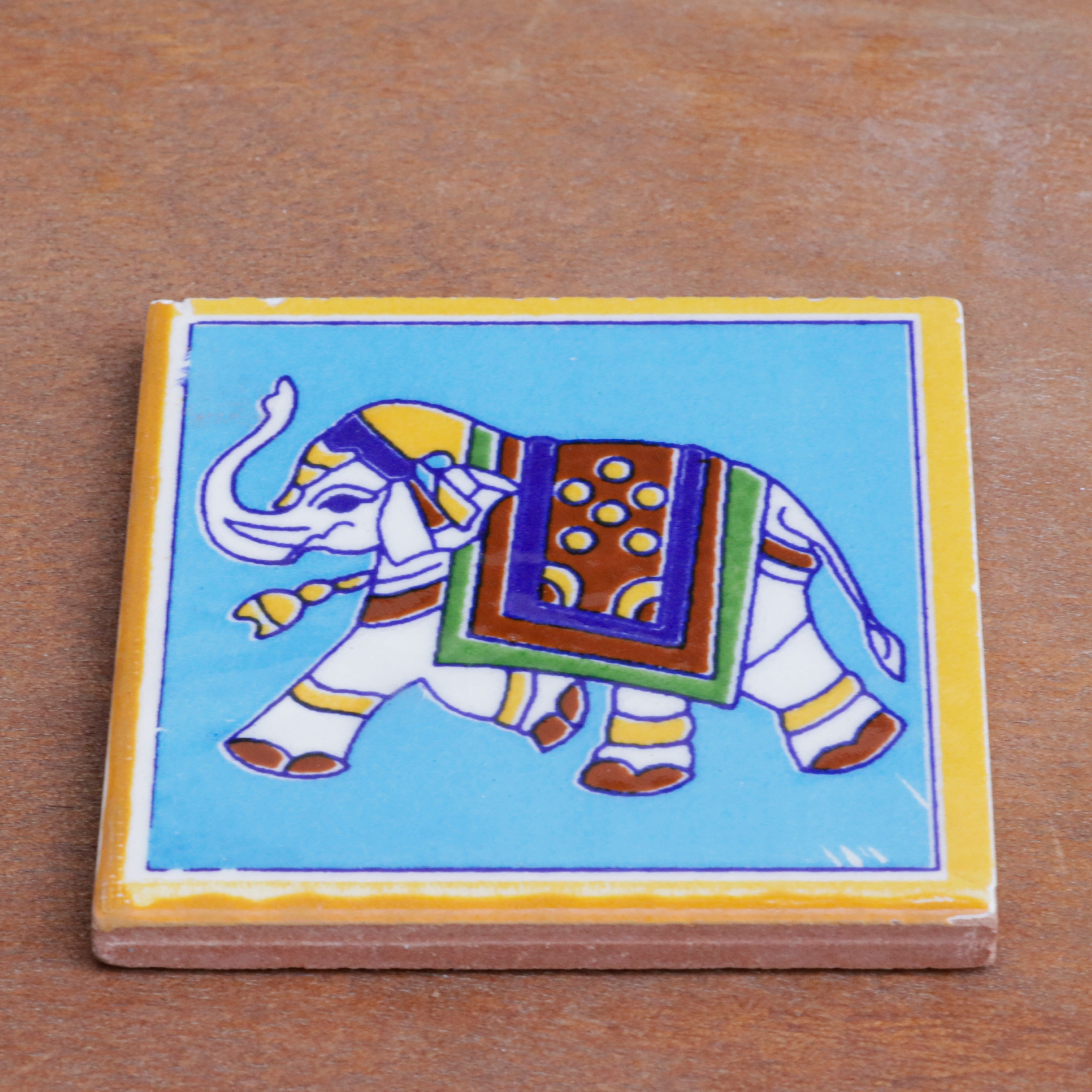 Traditional Style Elephant Designed Ceramic Square Tile Set of 2 Ceramic Tile