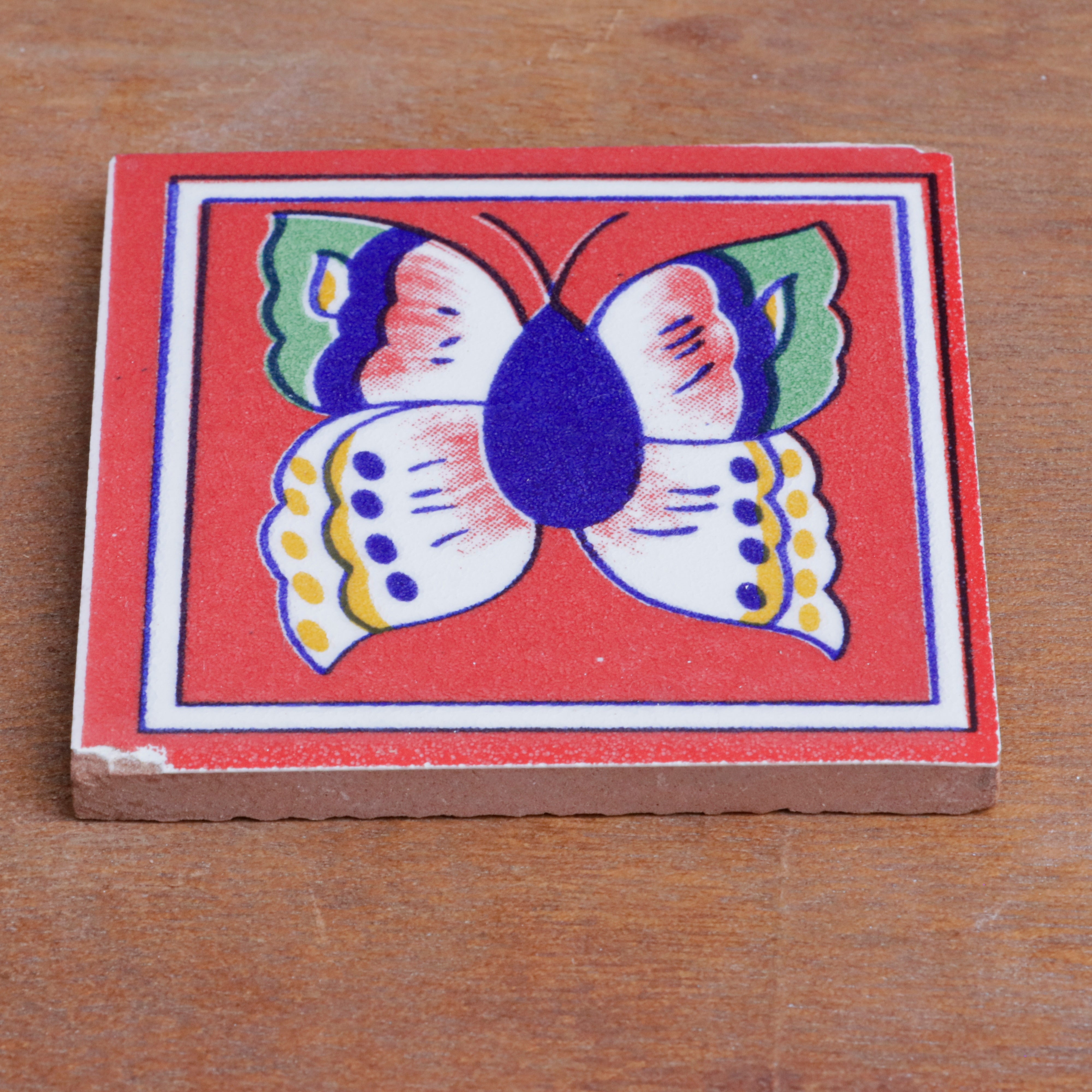 Vintage Peach Butterfly Designed Square Ceramic Tile Set of 2 Ceramic Tile