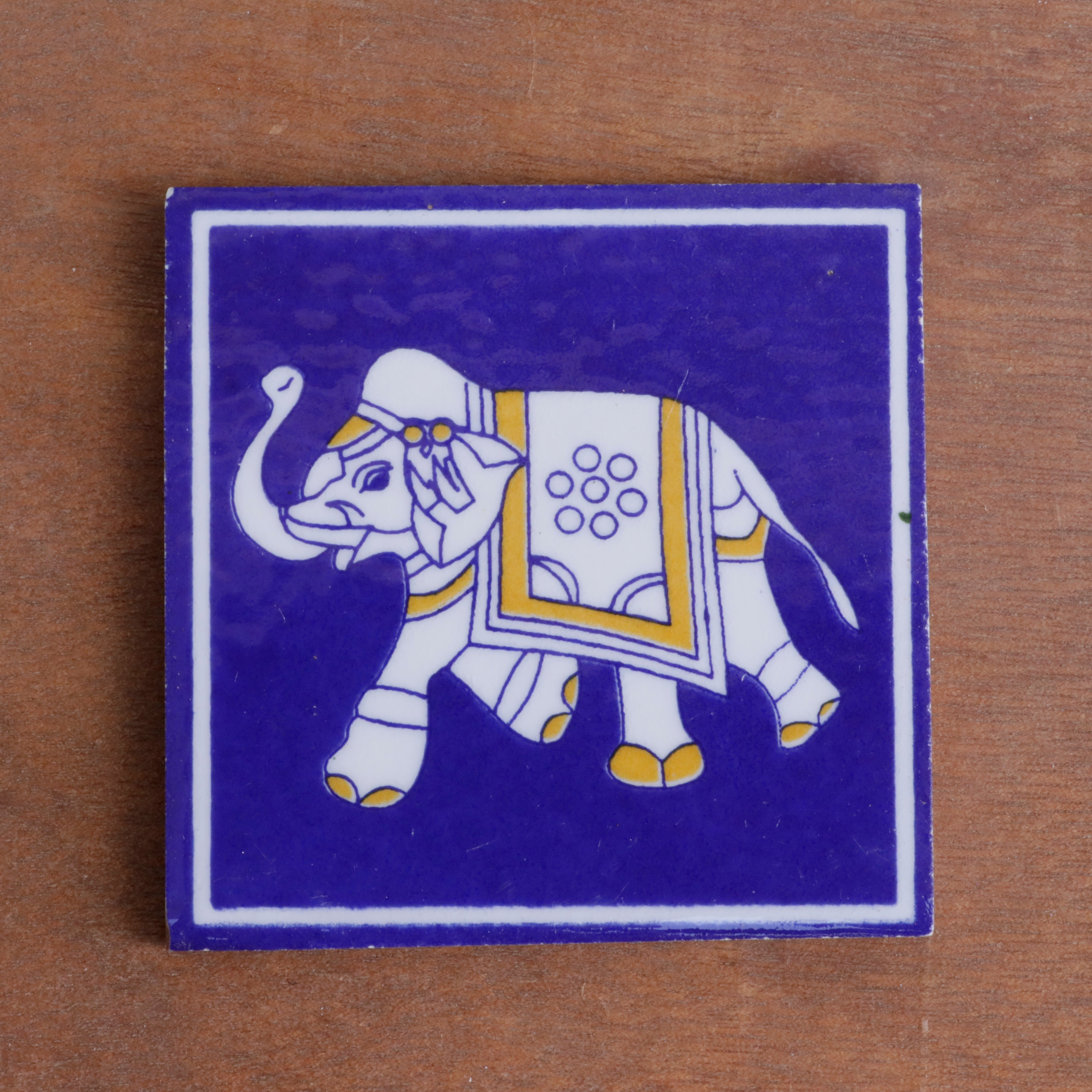 Mormon Blue Cultural Elephant Designed Ceramic Square Tile Set of 2 Ceramic Tile
