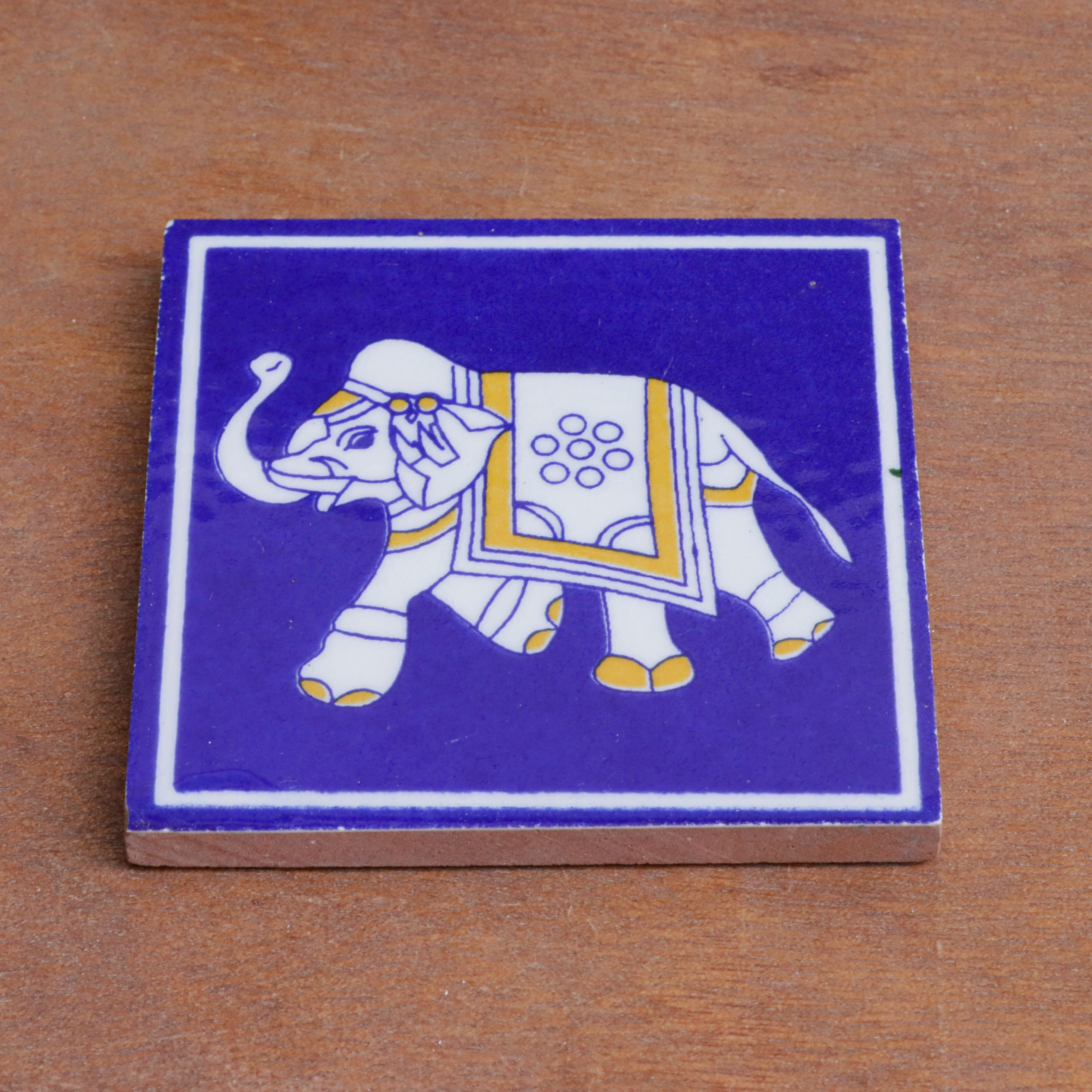 Mormon Blue Cultural Elephant Designed Ceramic Square Tile Set of 2 Ceramic Tile