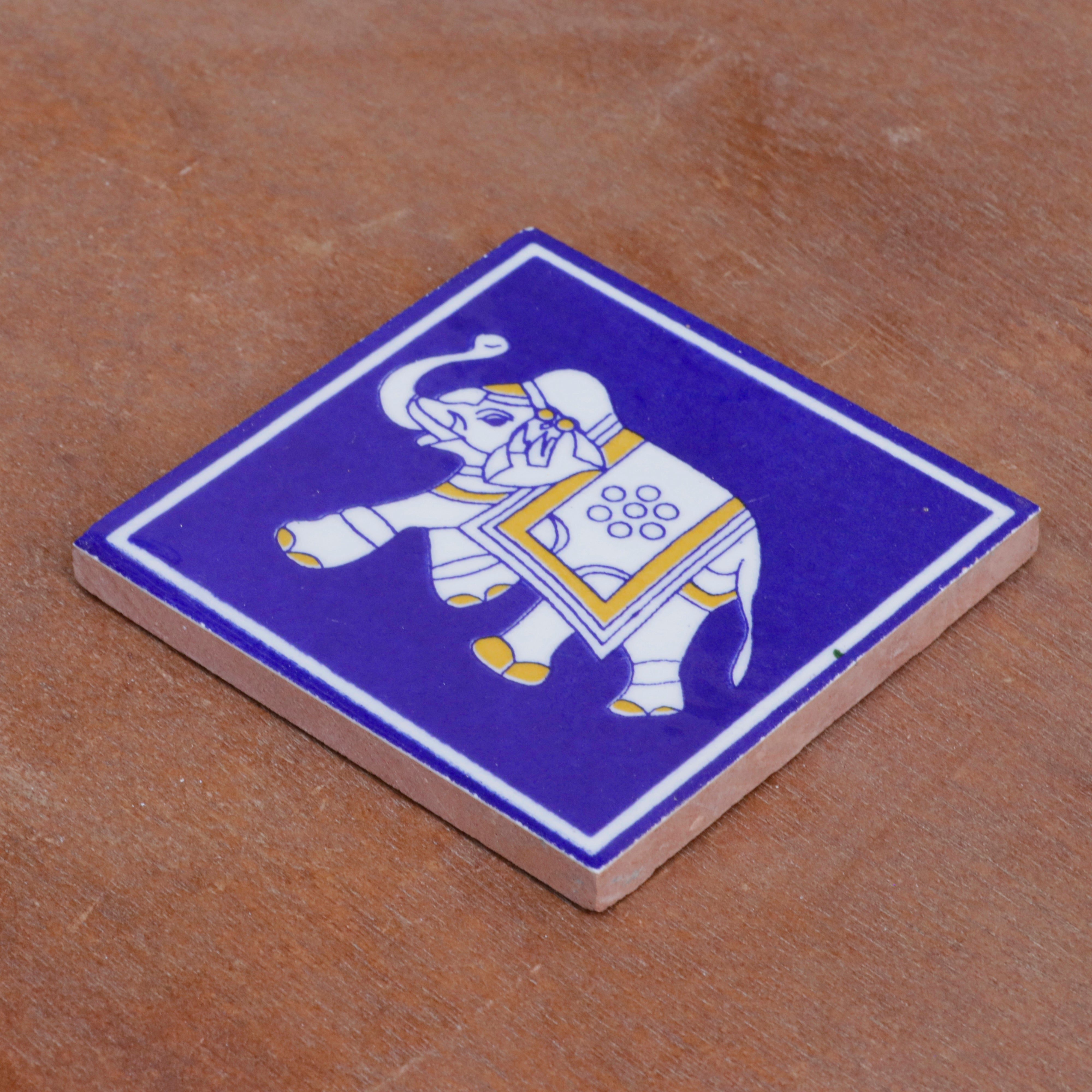 Mormon Blue Cultural Elephant Designed Ceramic Square Tile Set of 2 Ceramic Tile