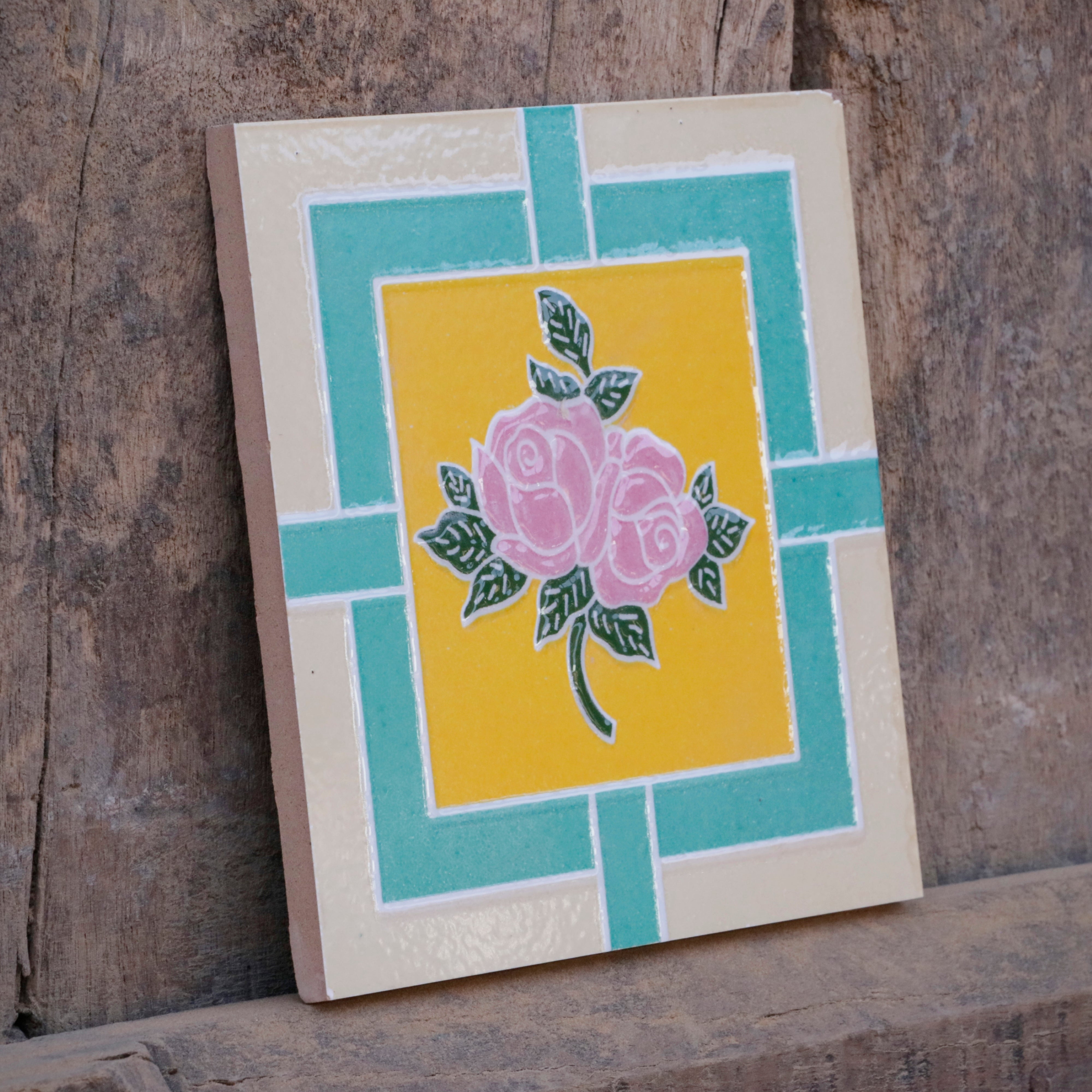 Pink Rose And Antique Green Border Ceramic Tile Ceramic Tile