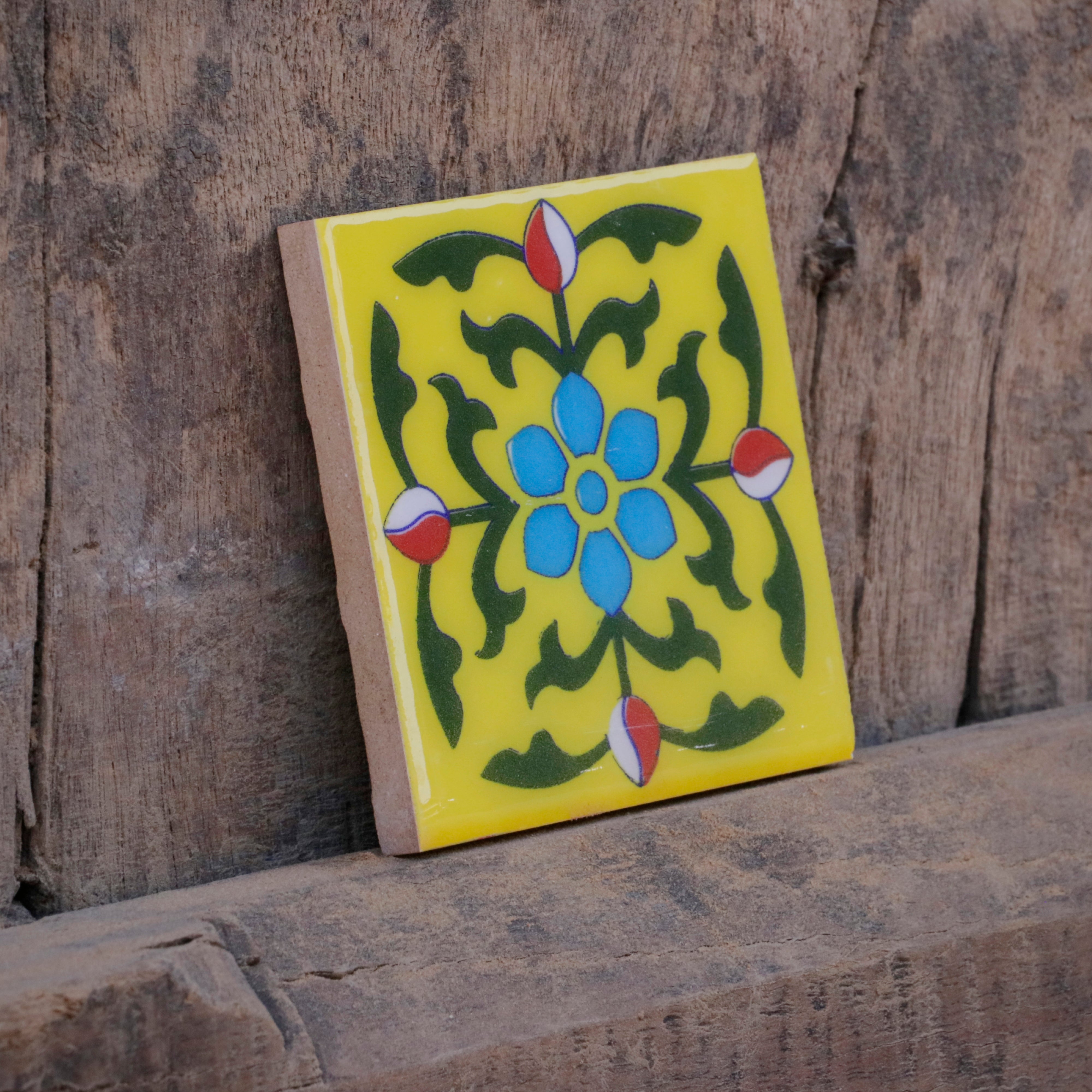Arotic Yellowish Flowered Themed Ceramic Square Tile Ceramic Tile