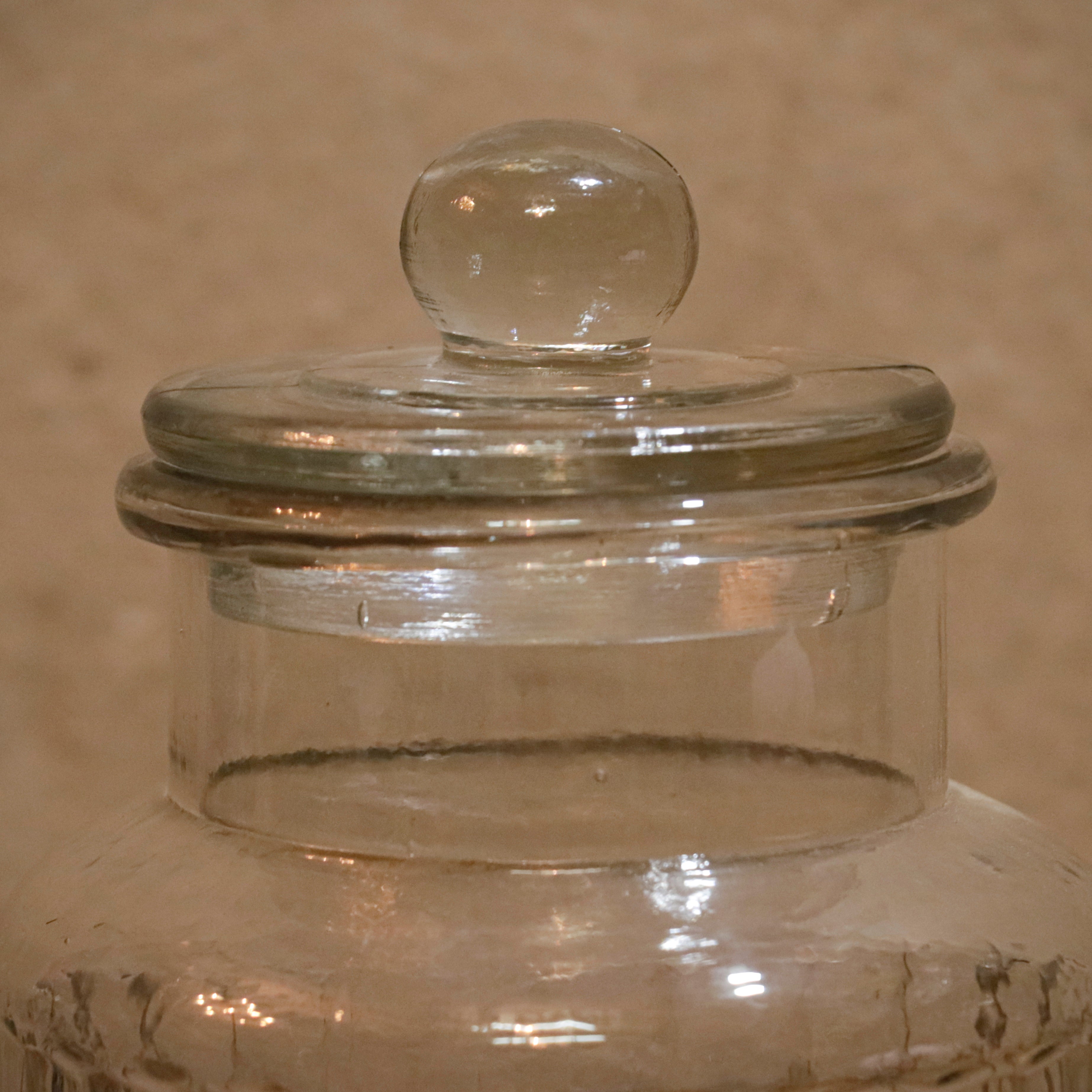 Vintage Ribbed and Knob Topped Transparent Storage Jar Decanter Bottle