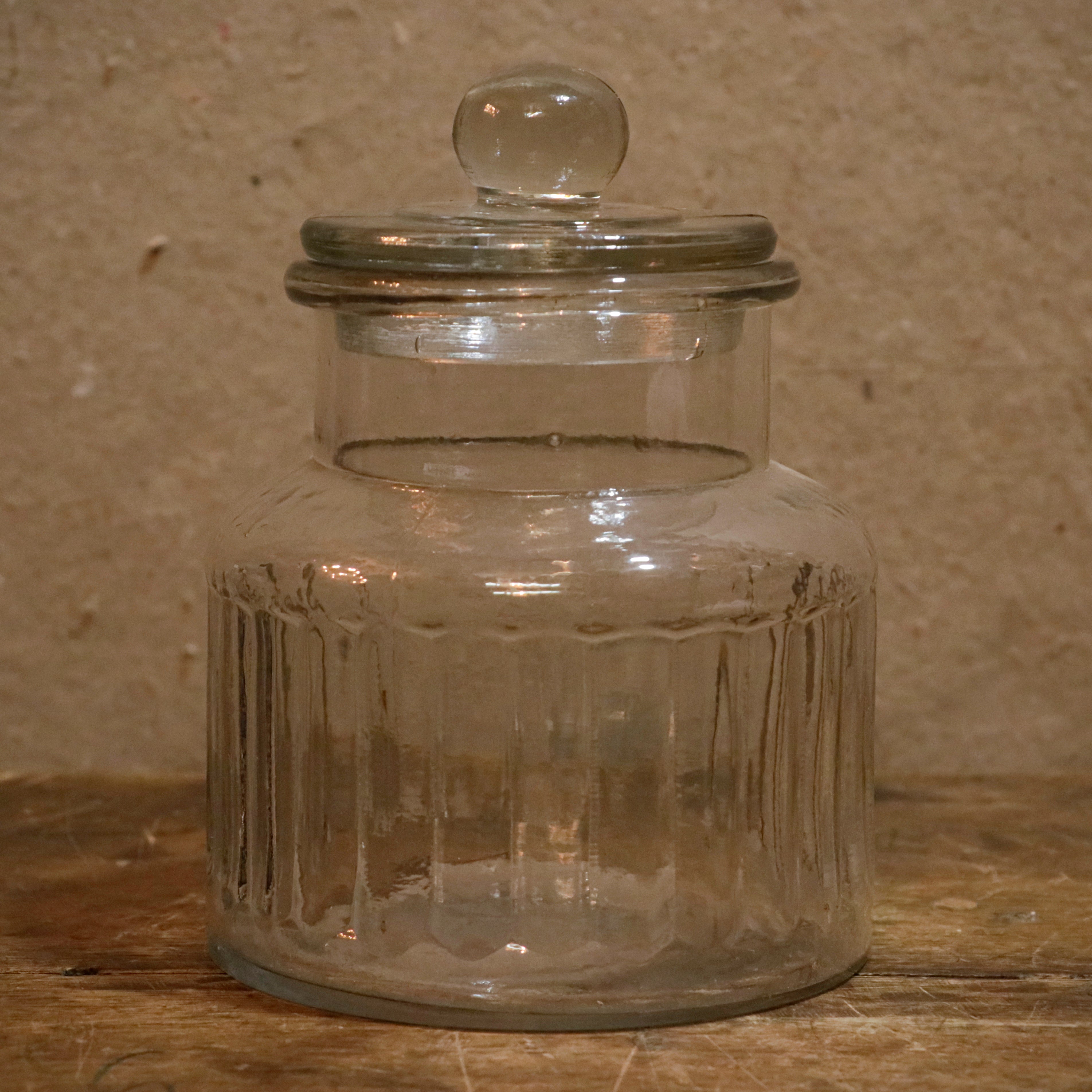 Vintage Ribbed and Knob Topped Transparent Storage Jar Decanter Bottle