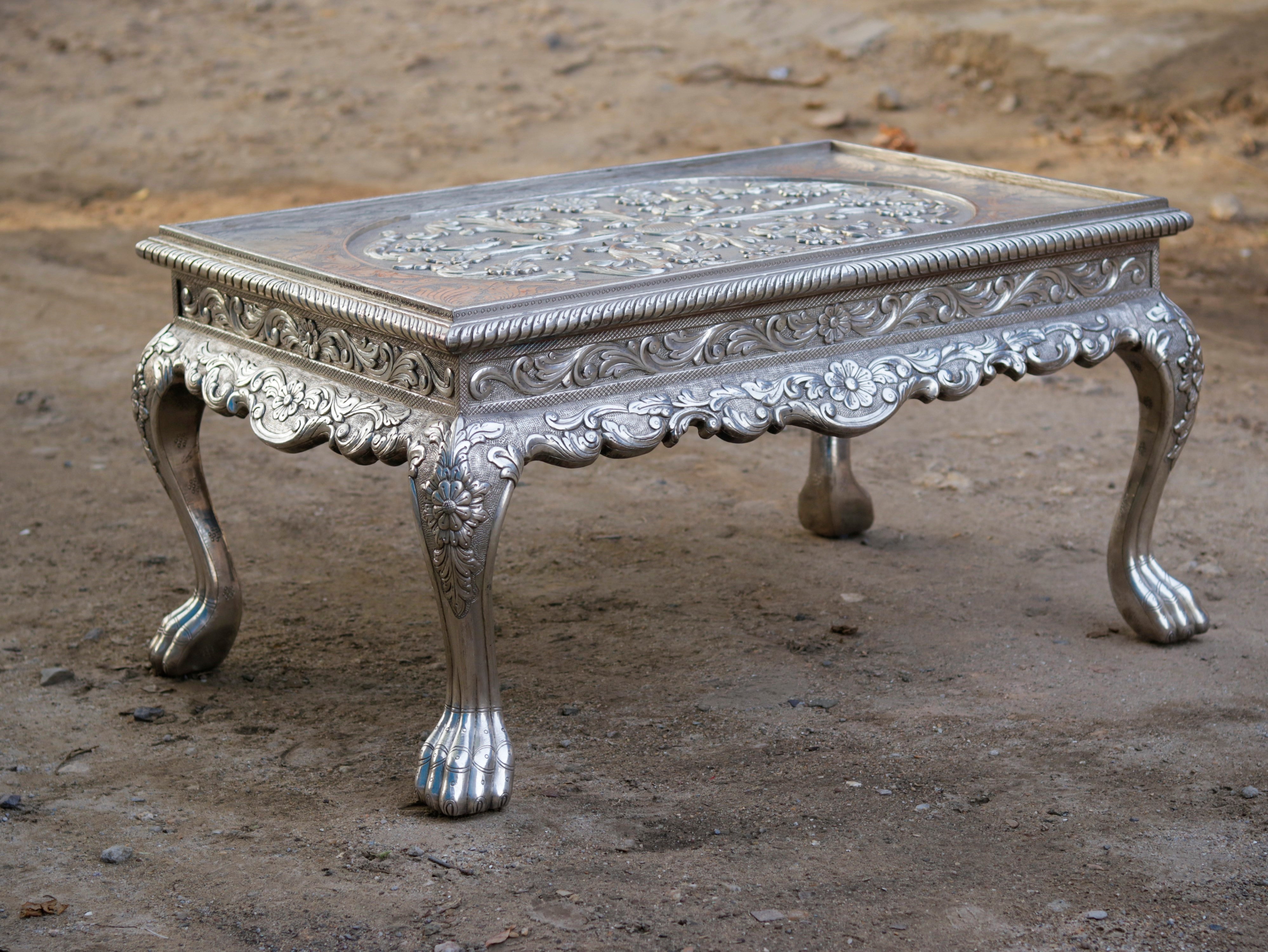White Metal Fitted Intricate Carved Design Coffee Table Silver Finishing Coffee Table