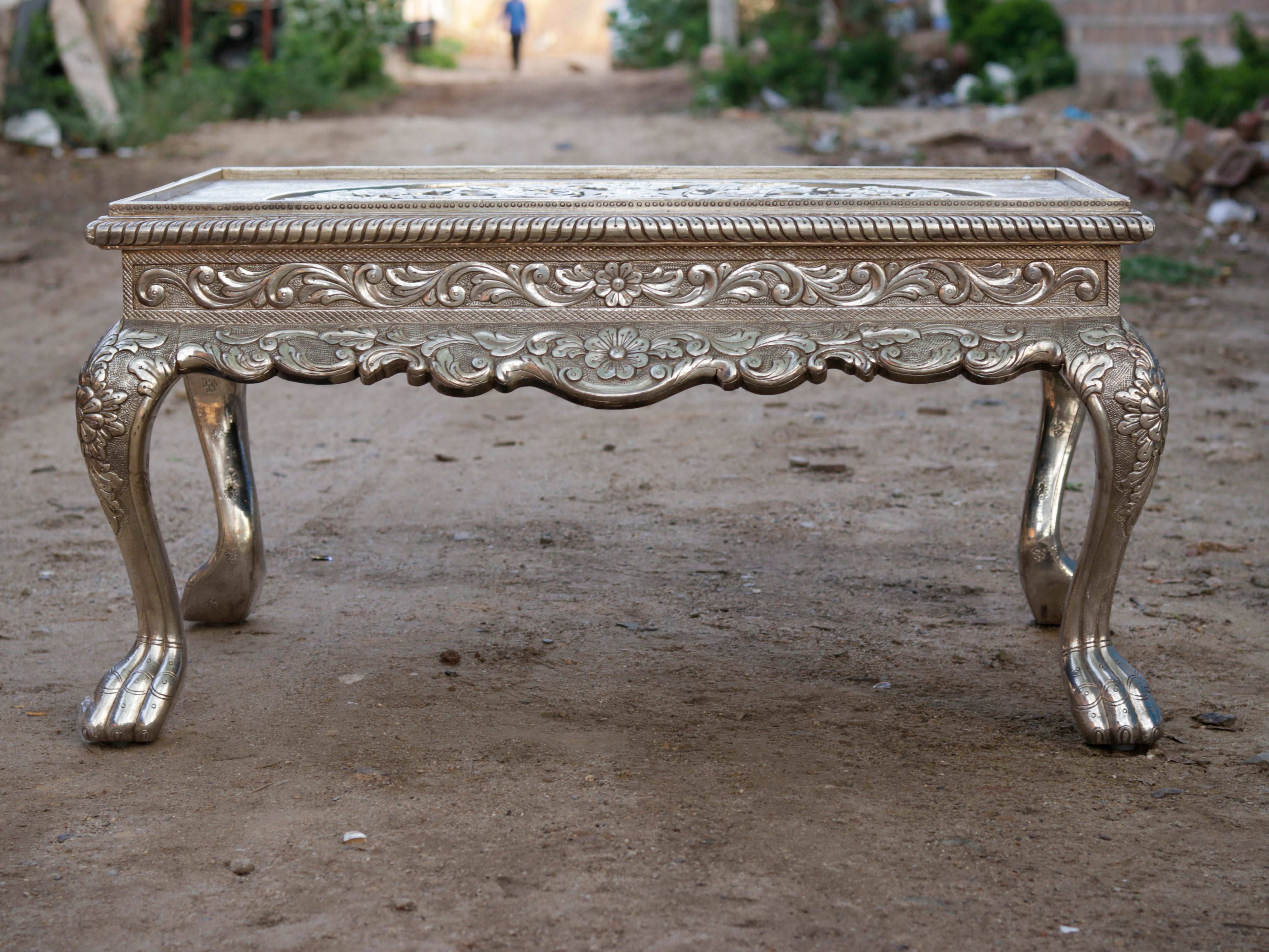 White Metal Fitted Intricate Carved Design Coffee Table Silver Finishing Coffee Table