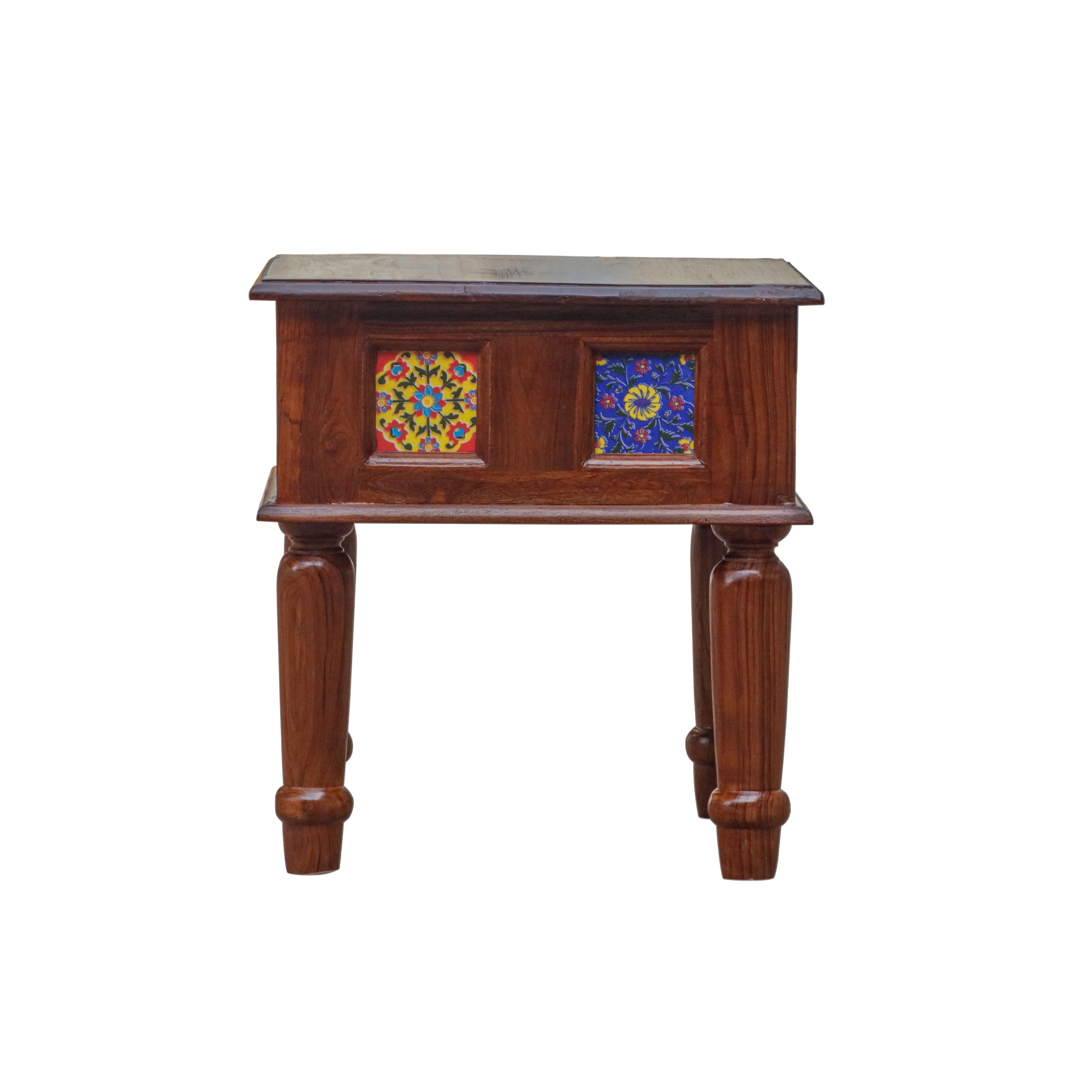 Aesthetic Round Leg Vintage Small Wooden Table with Tile (Single) Bedside