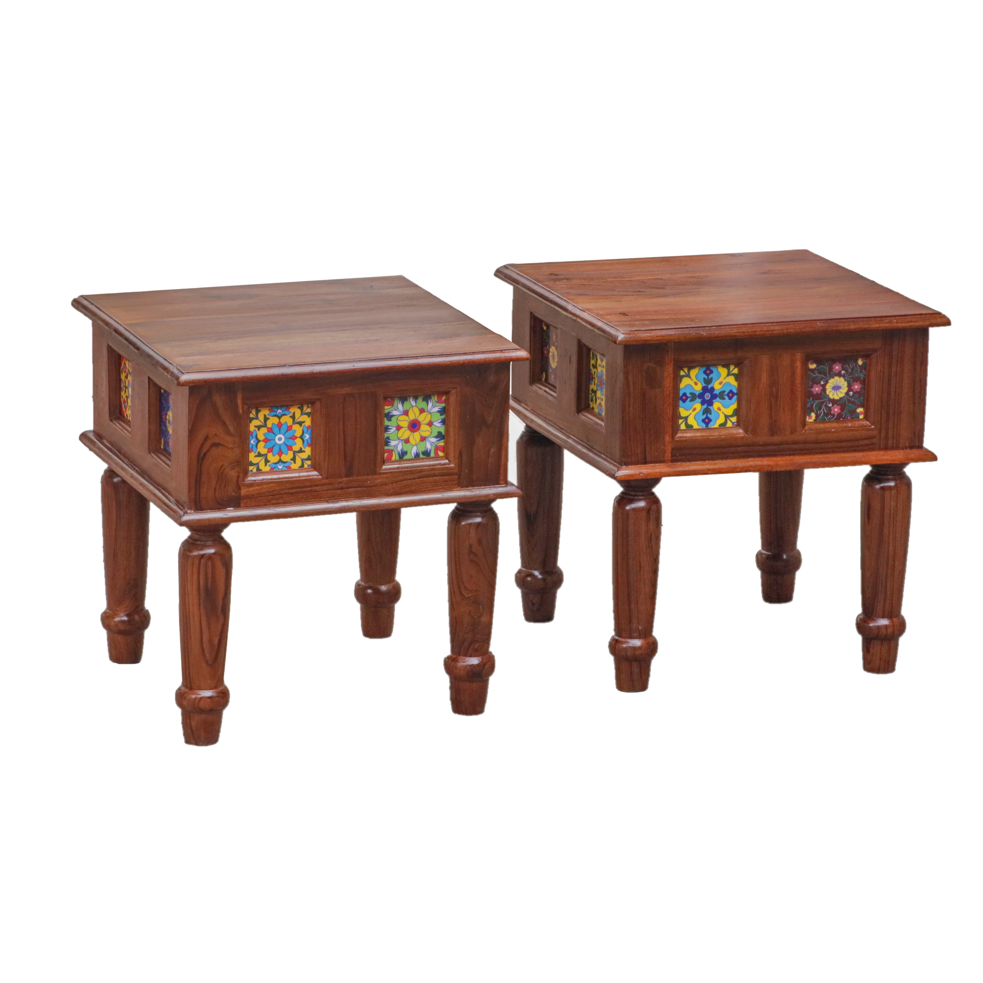 Aesthetic Round Leg Vintage Small Wooden Table with Tile (Set of 2) Bedside