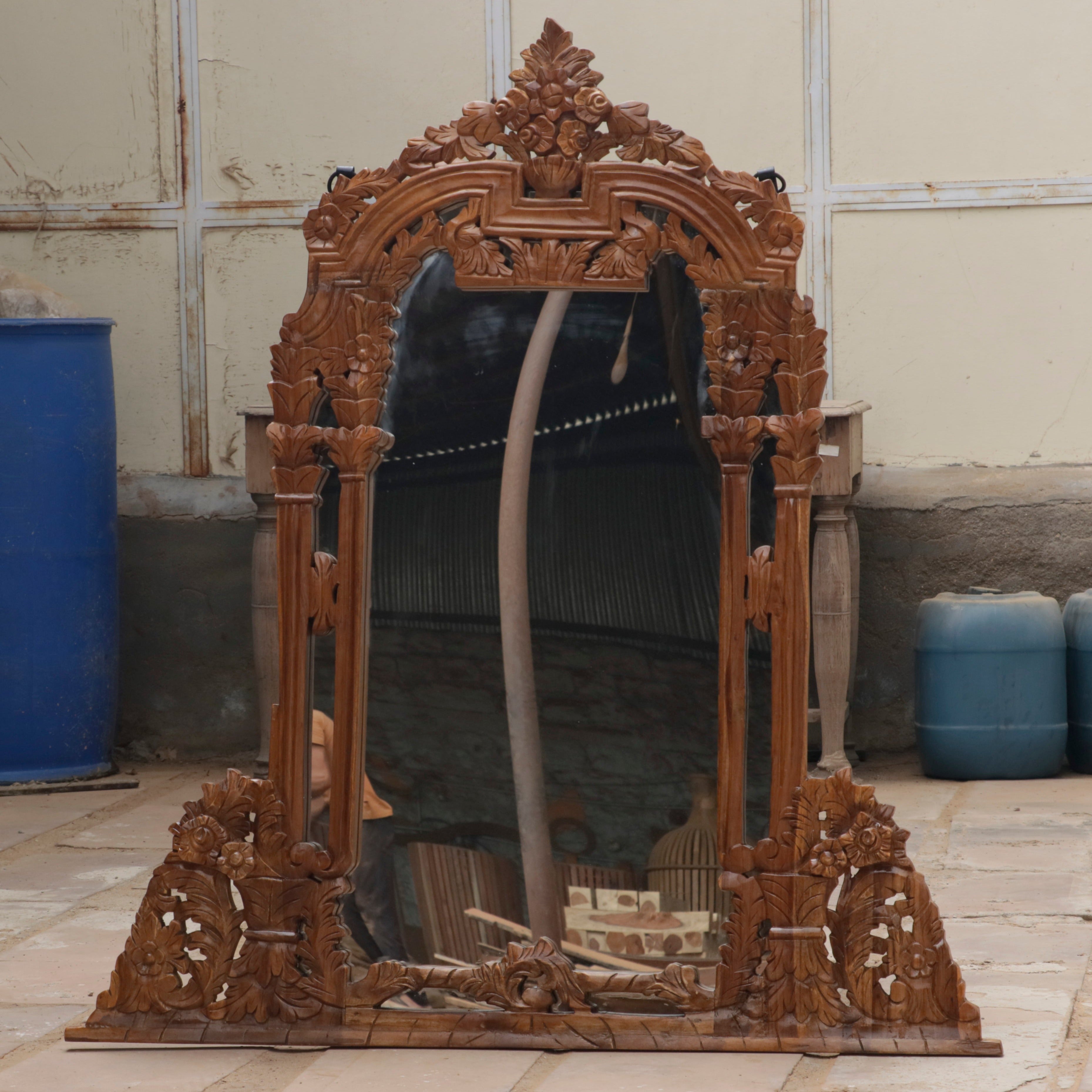 Natural Rich Brown Carved Finished Handmade Wooden Mirror