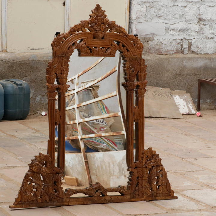 Natural Rich Brown Carved Finished Handmade Wooden Mirror Mirror