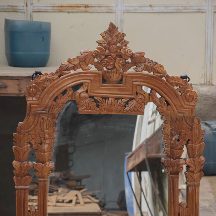 Natural Rich Brown Carved Finished Handmade Wooden Mirror Mirror