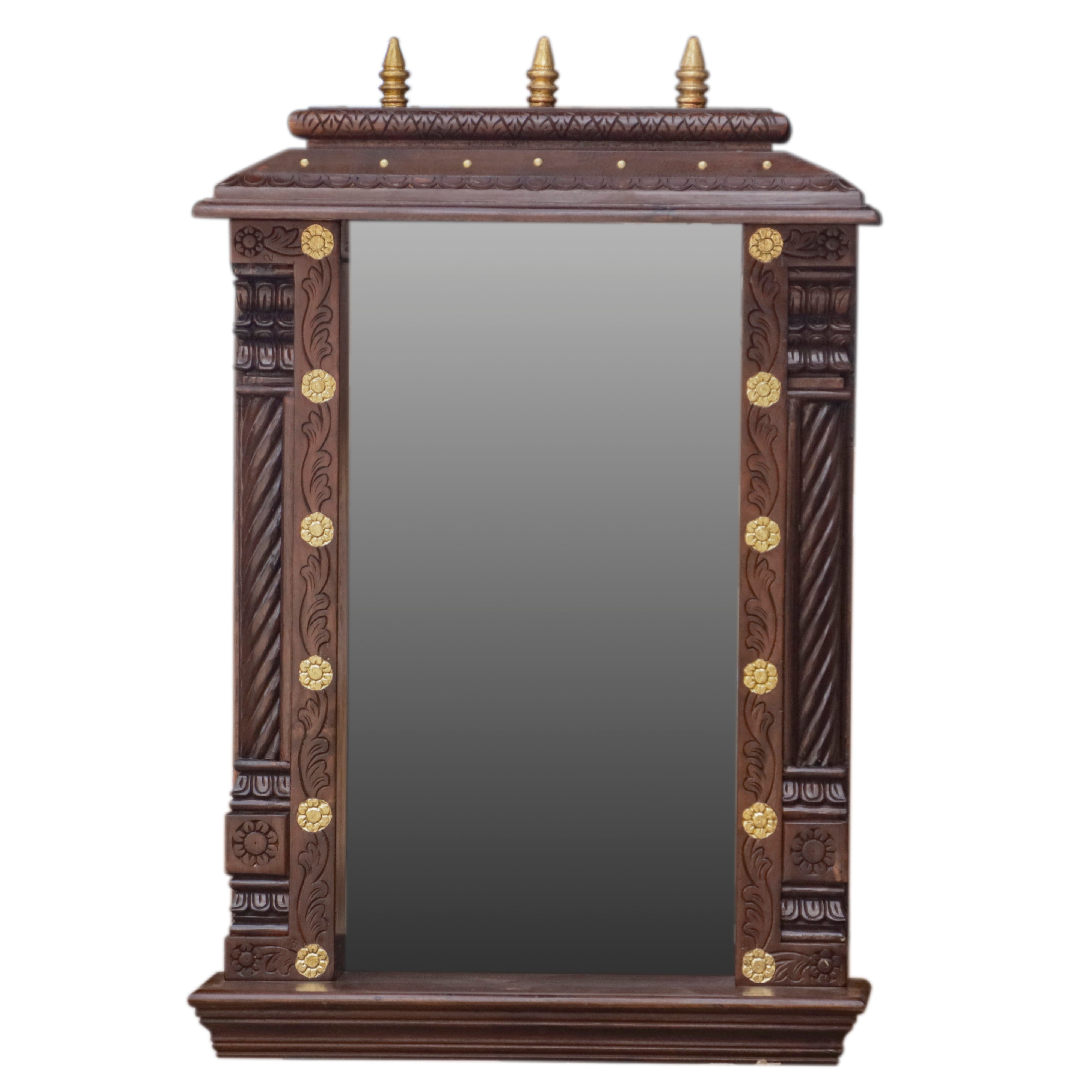 Elegant Dark Brown Finished Wooden Handmade Back Mirror Temple Temple