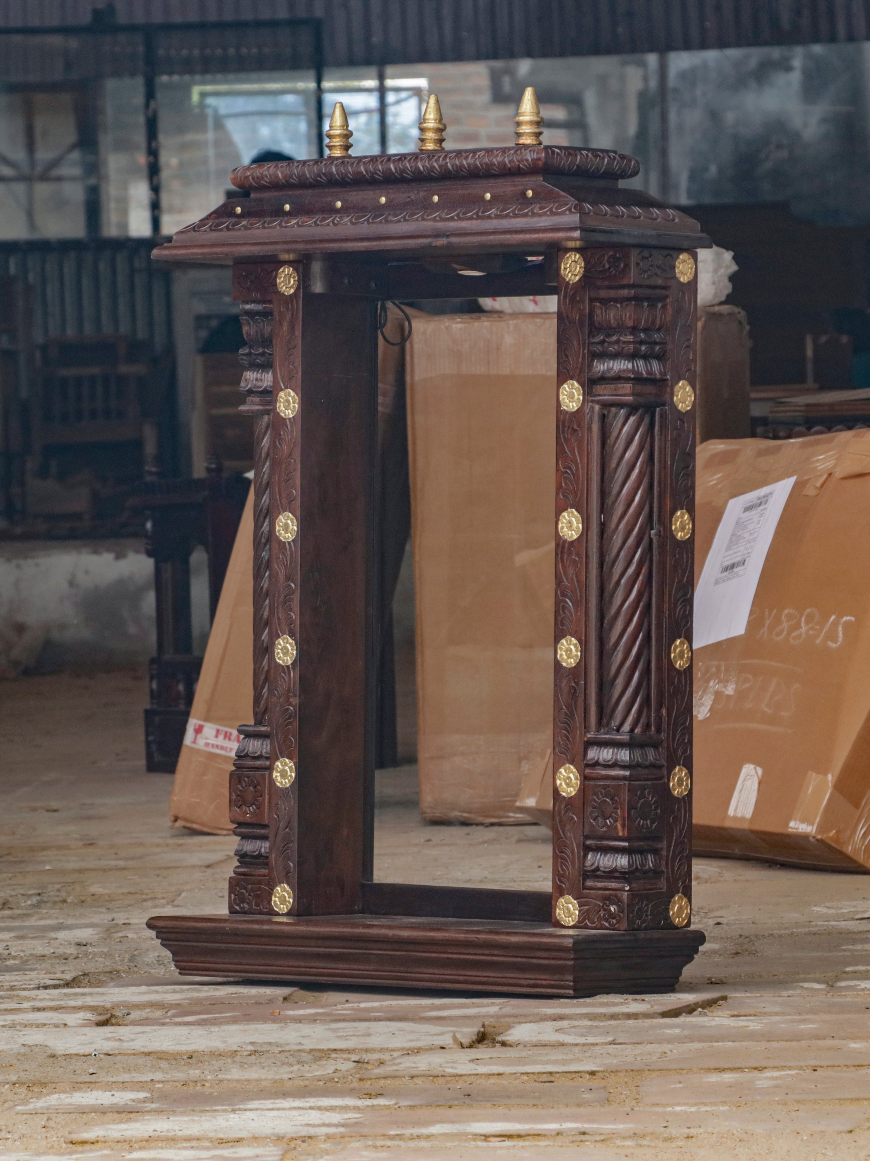 Elegant Dark Brown Finished Wooden Handmade Back Mirror Temple Temple