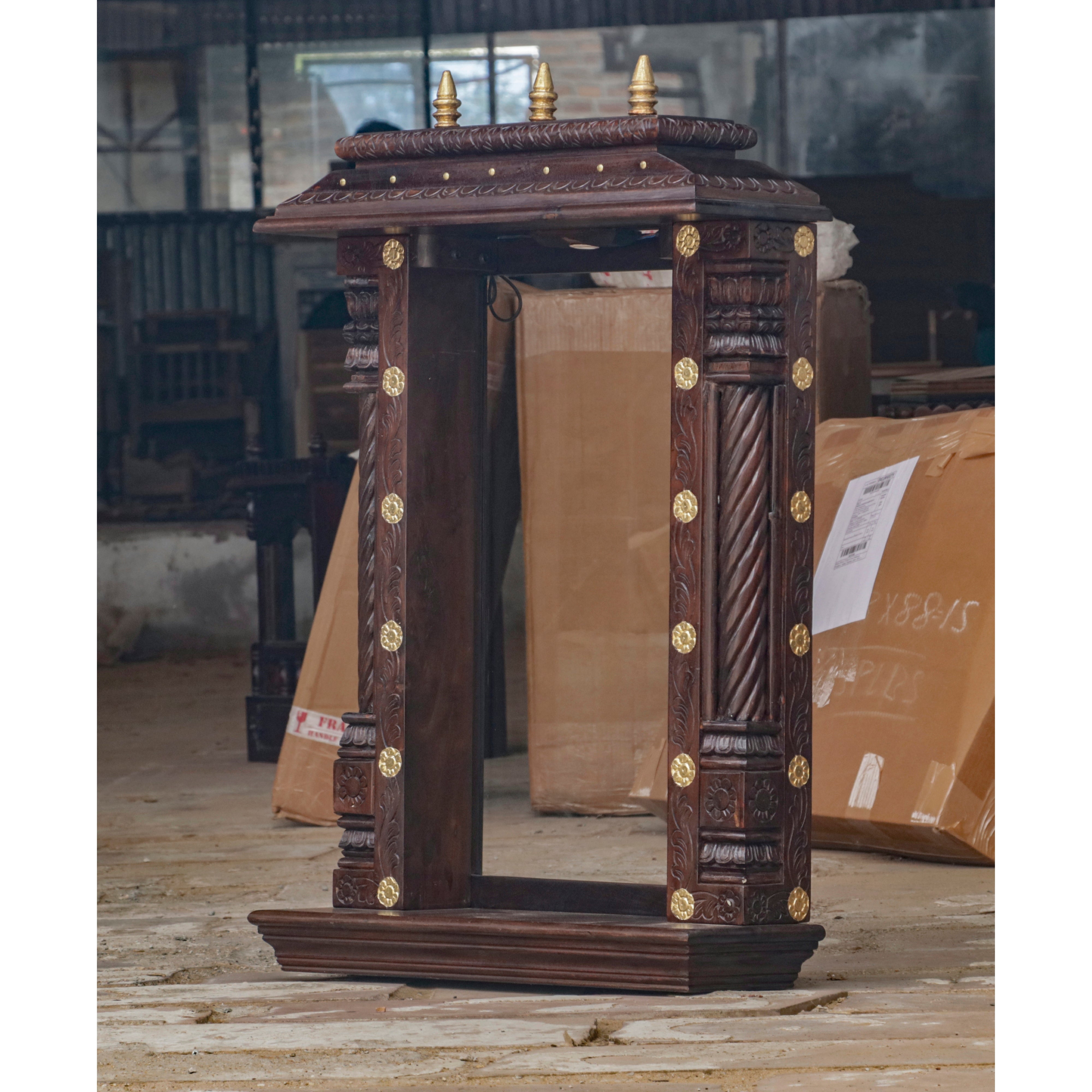 Elegant Dark Brown Finished Wooden Handmade Back Mirror Temple Temple