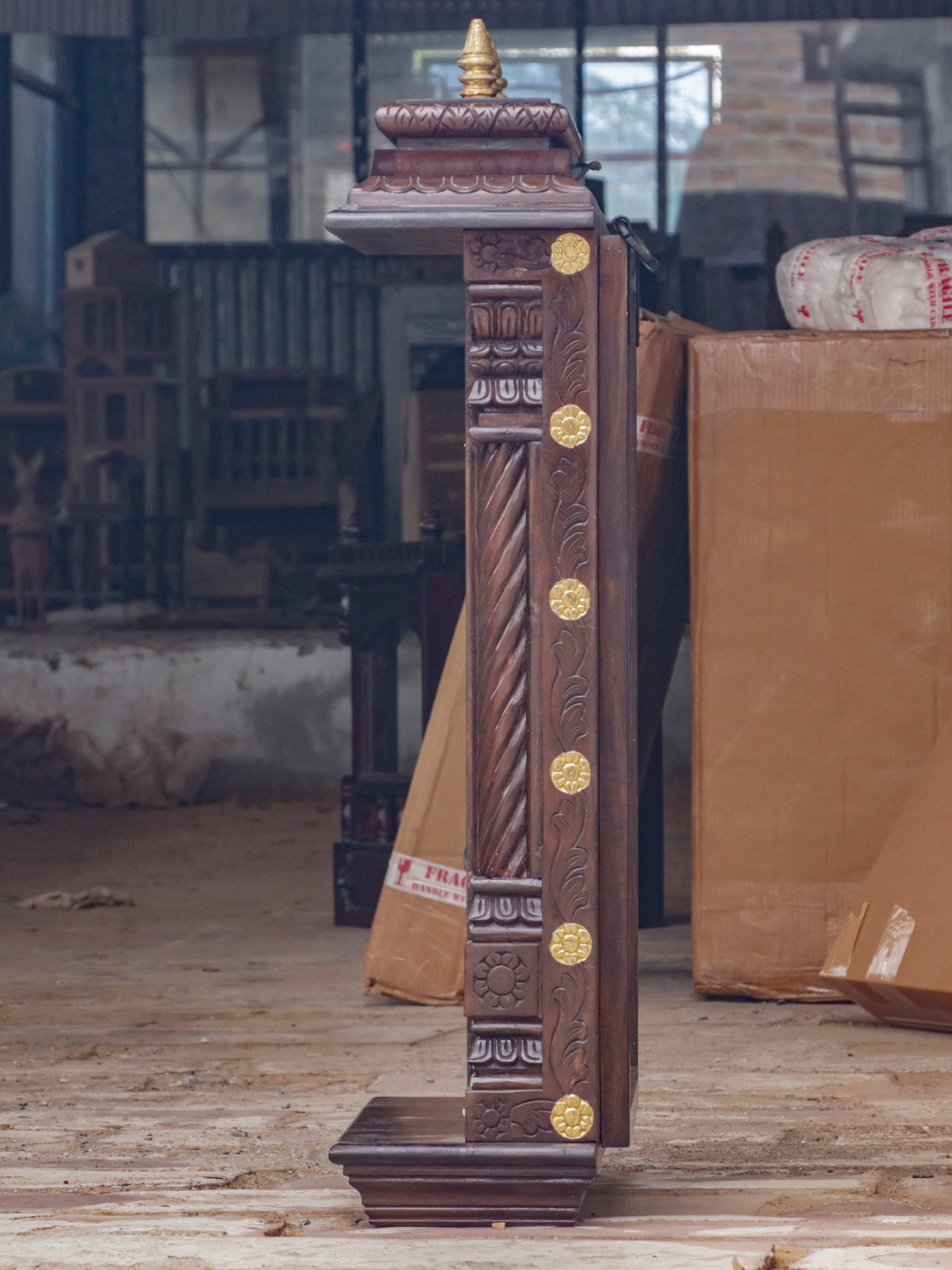 Elegant Dark Brown Finished Wooden Handmade Back Mirror Temple Temple