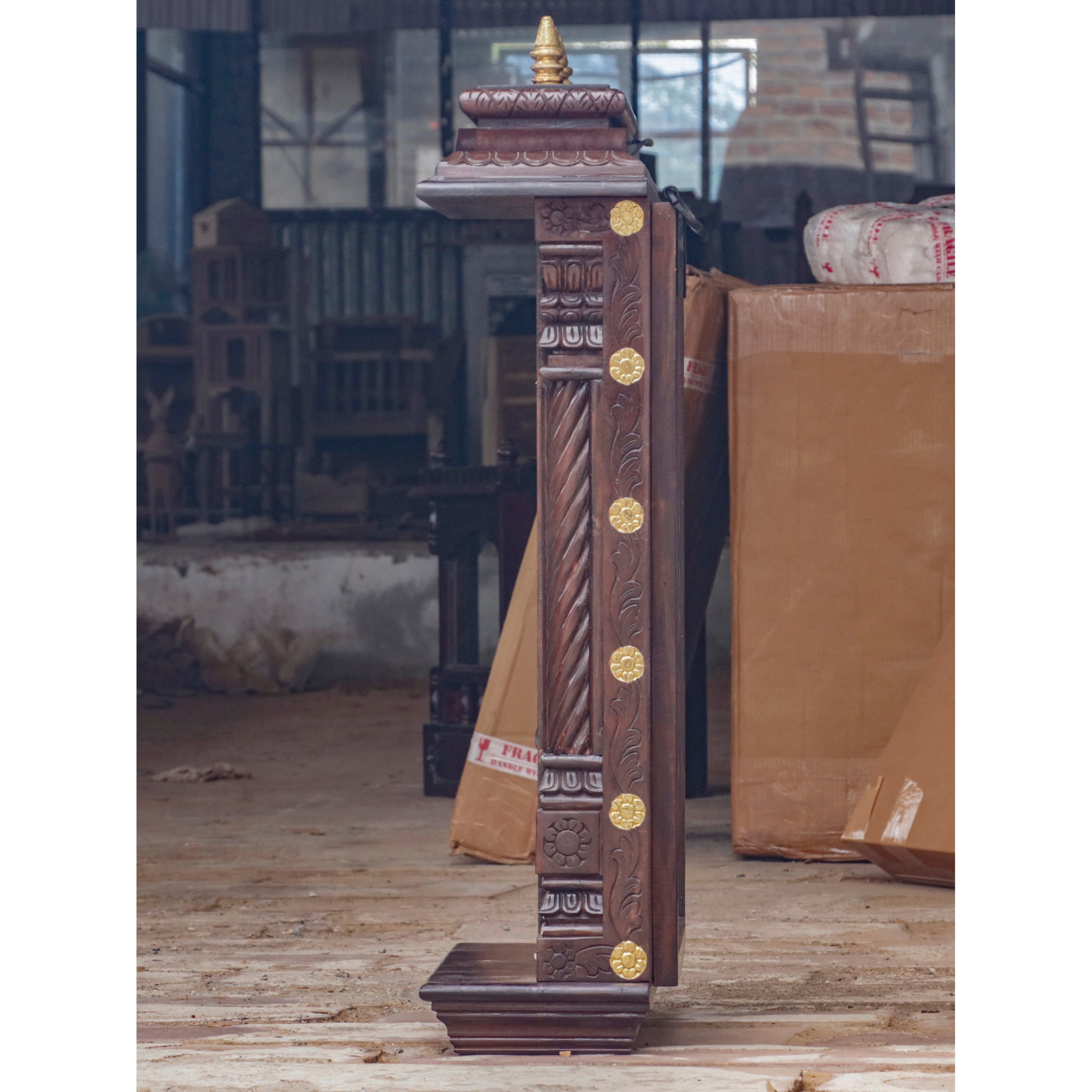 Elegant Dark Brown Finished Wooden Handmade Back Mirror Temple Temple