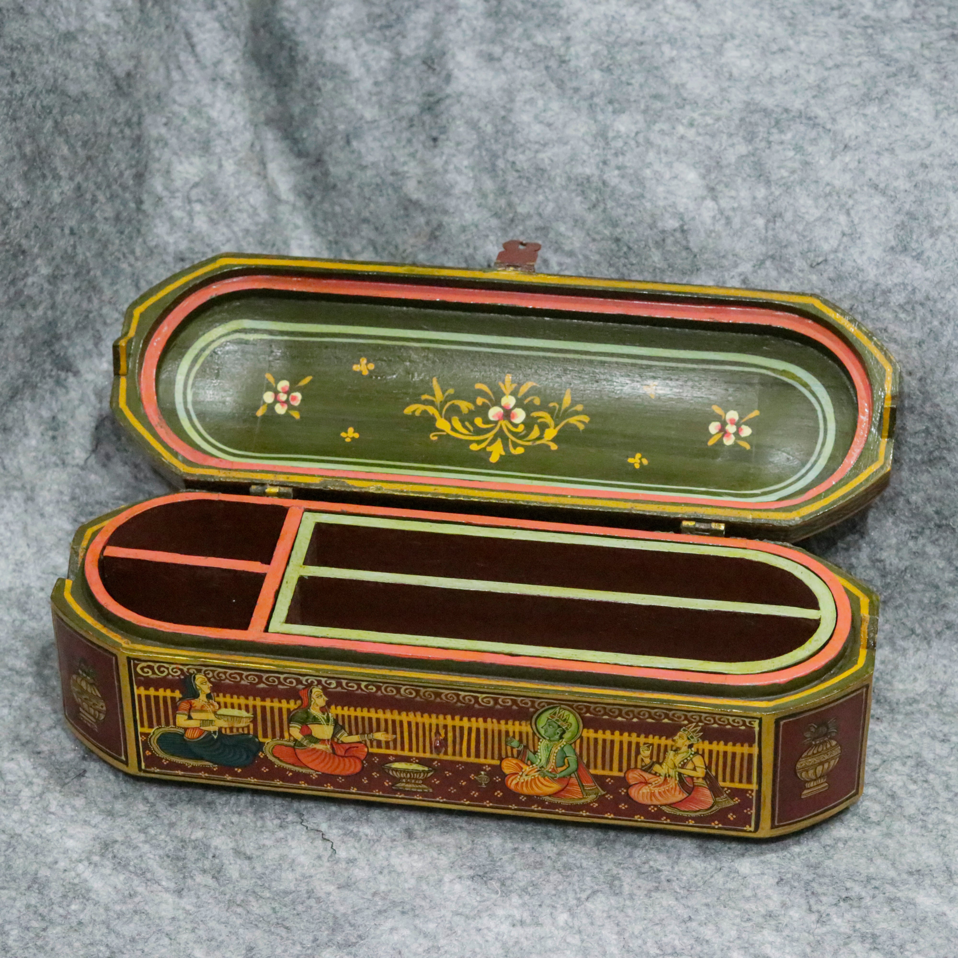 Hand Painted indian folk traditional jeweler box with multiple slot Wooden Box
