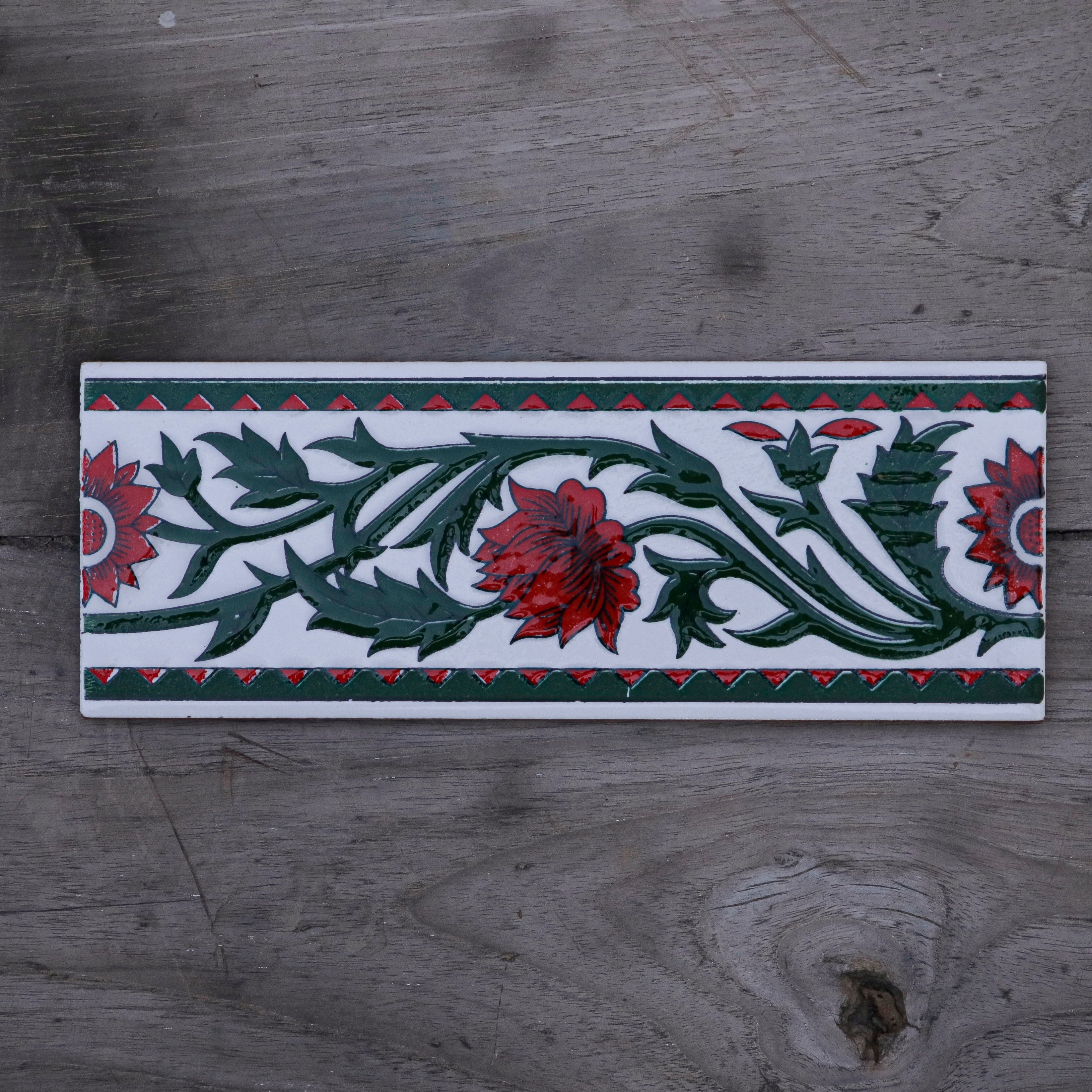 Lotus Classic Red and Green Flowered Long Ceramic Tile Ceramic Tile