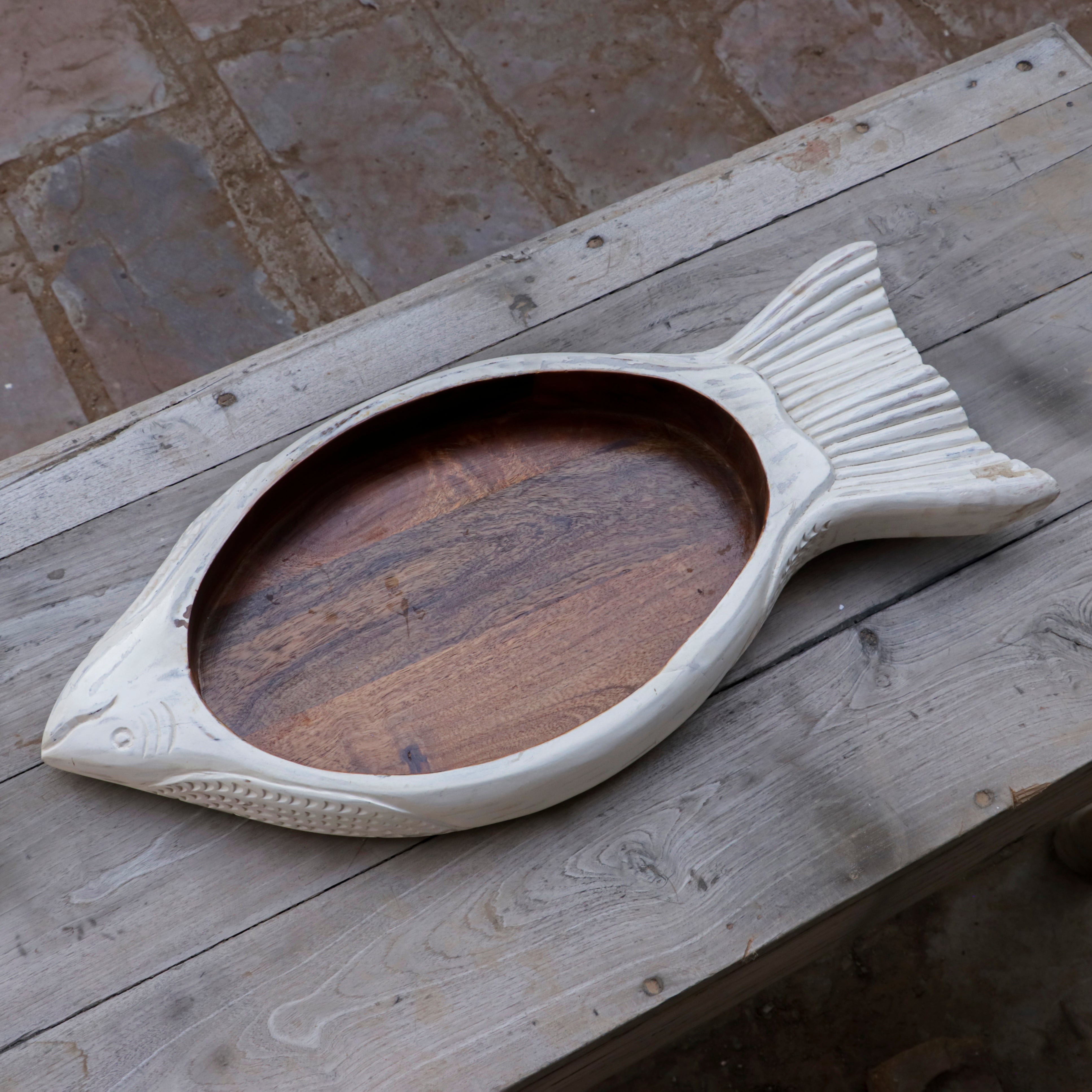 Unique White Distressed Fish Style Wooden Handmade Tray Tray