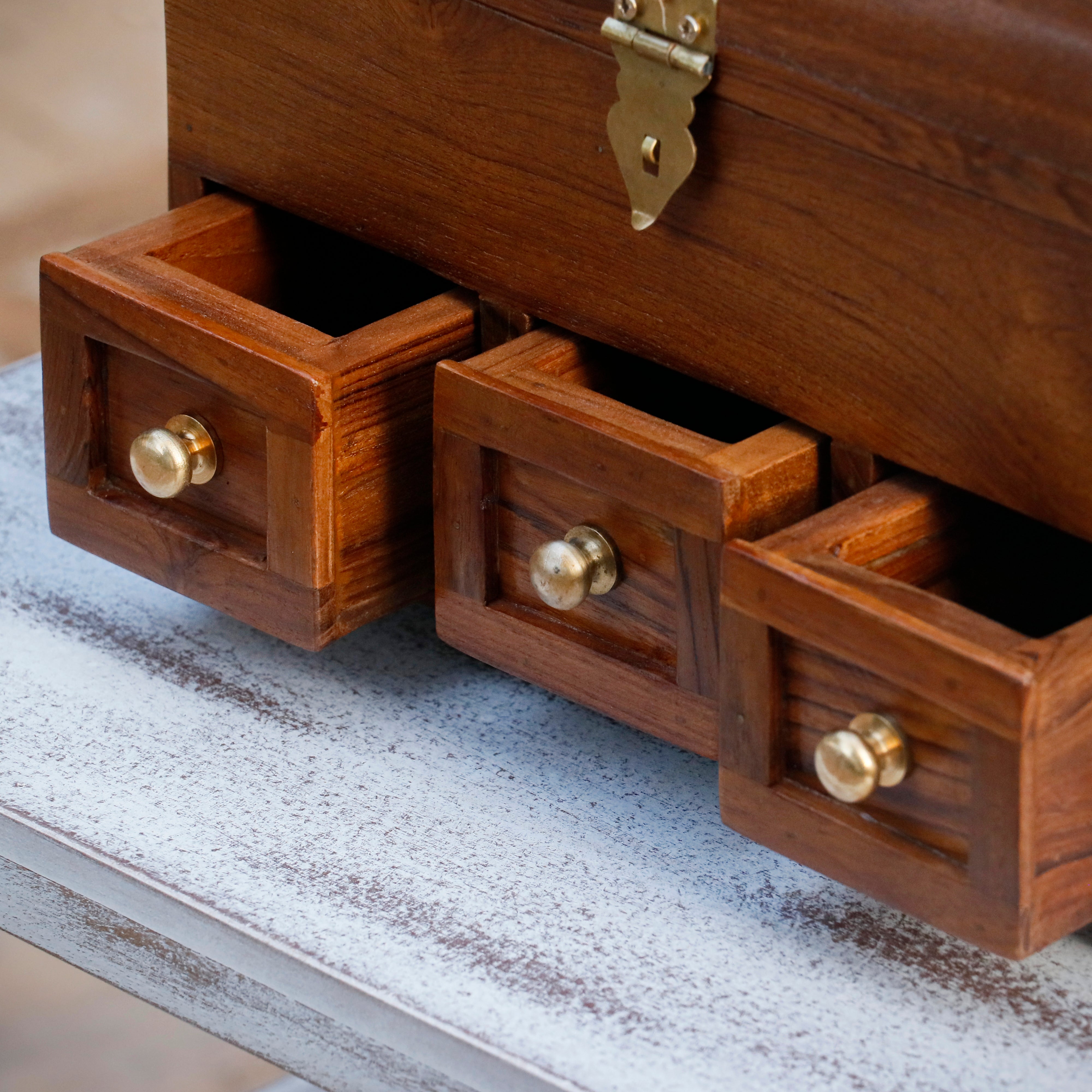 Antique Style Teak Wooden 3 Drawer Premium Handmade Jewelry Box Wooden Box