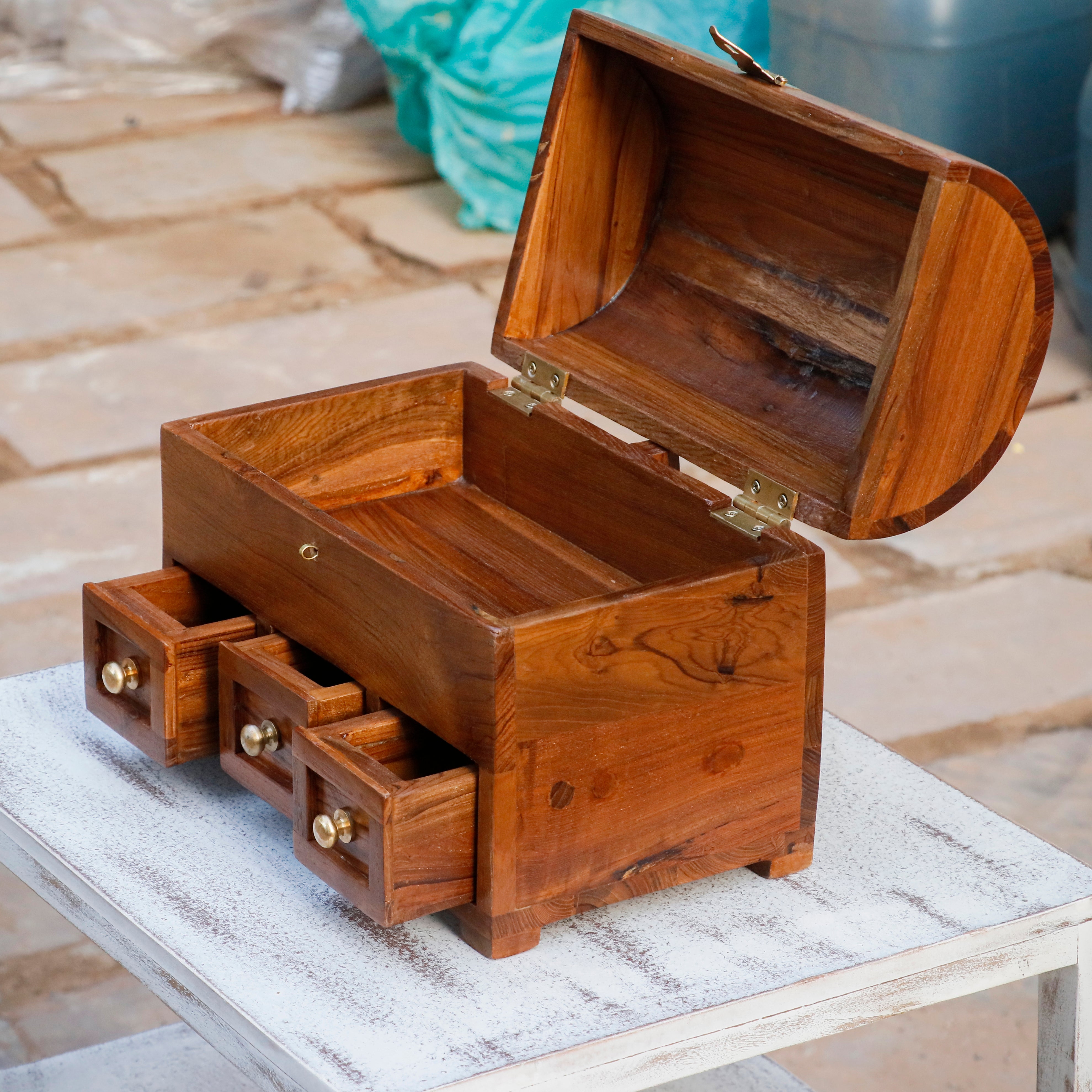 Antique Style Teak Wooden 3 Drawer Premium Handmade Jewelry Box Wooden Box