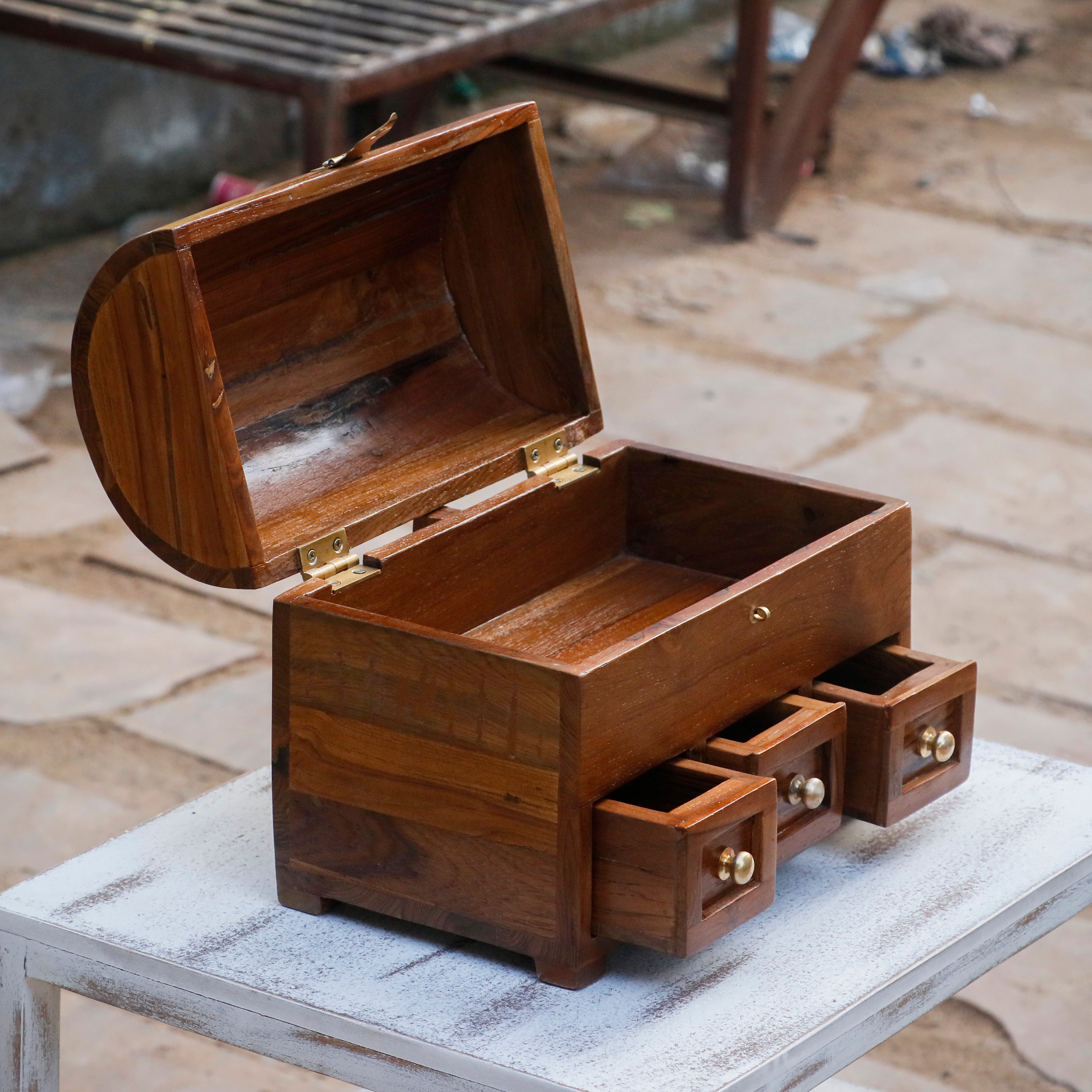 Antique Style Teak Wooden 3 Drawer Premium Handmade Jewelry Box