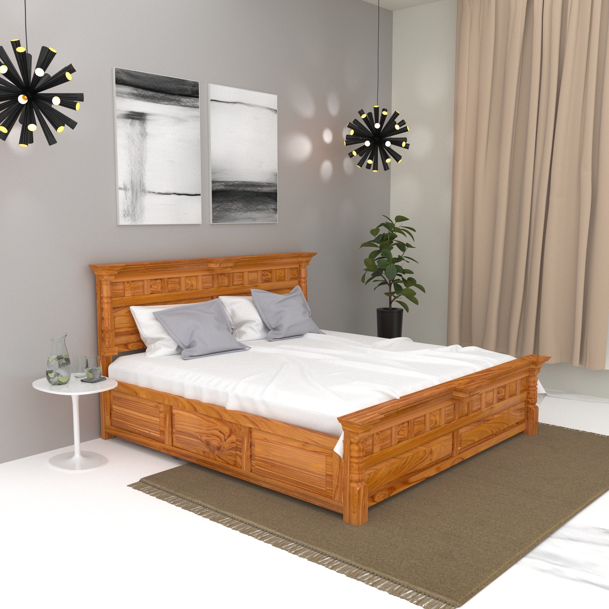 Teak Wood Bed in Light Brown Finish Teak Wood Bed
